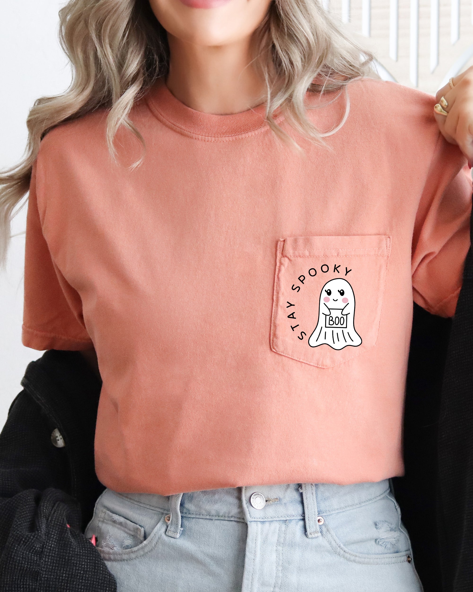 Stay Spooky Ghost Halloween Vintage Pocket Tee Inspired By Classic Autumn Nights And Cozy Nostalgia Comfort Colors Tee