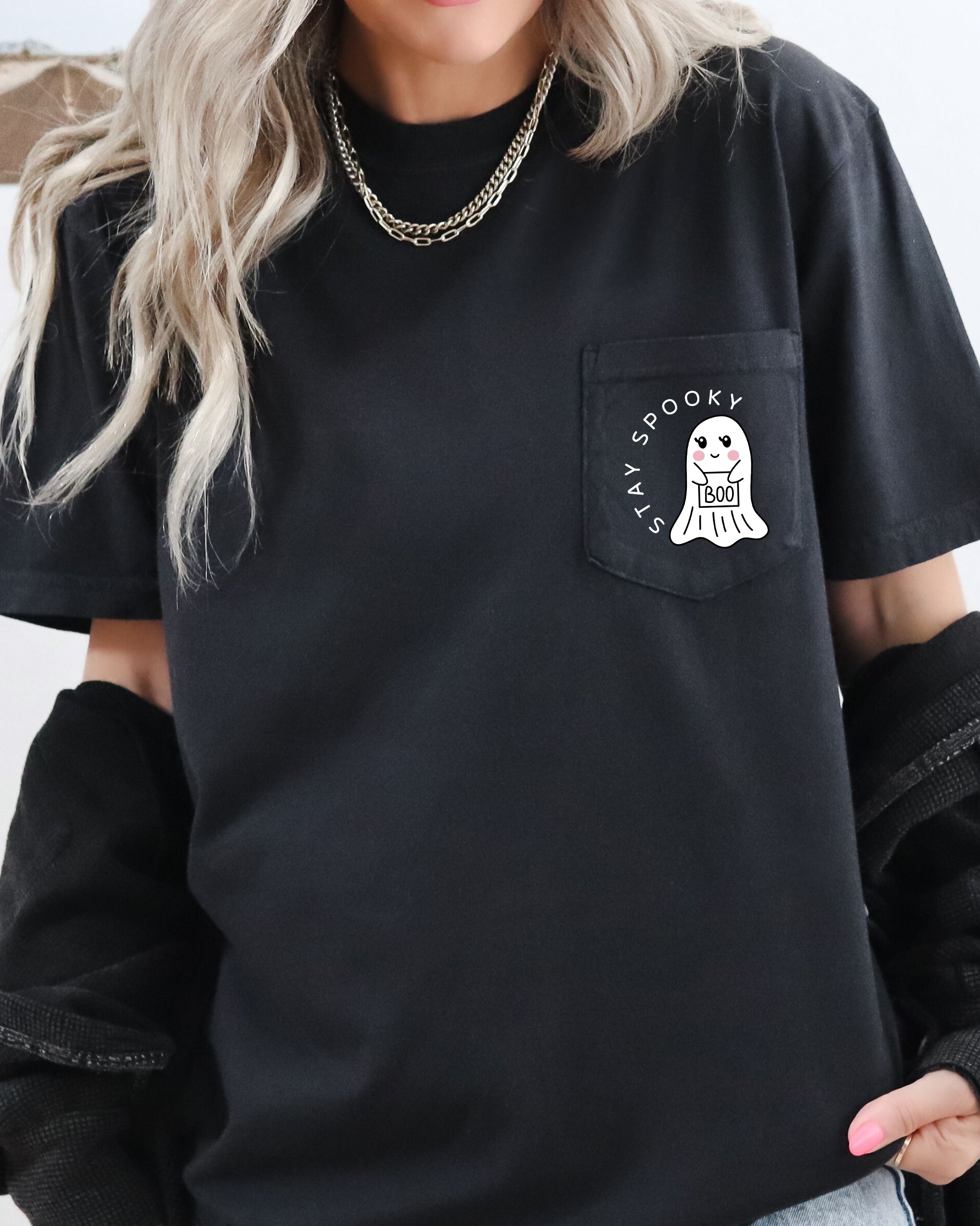 Stay Spooky Ghost Halloween Vintage Pocket Tee Inspired By Classic Autumn Nights And Cozy Nostalgia Comfort Colors Tee