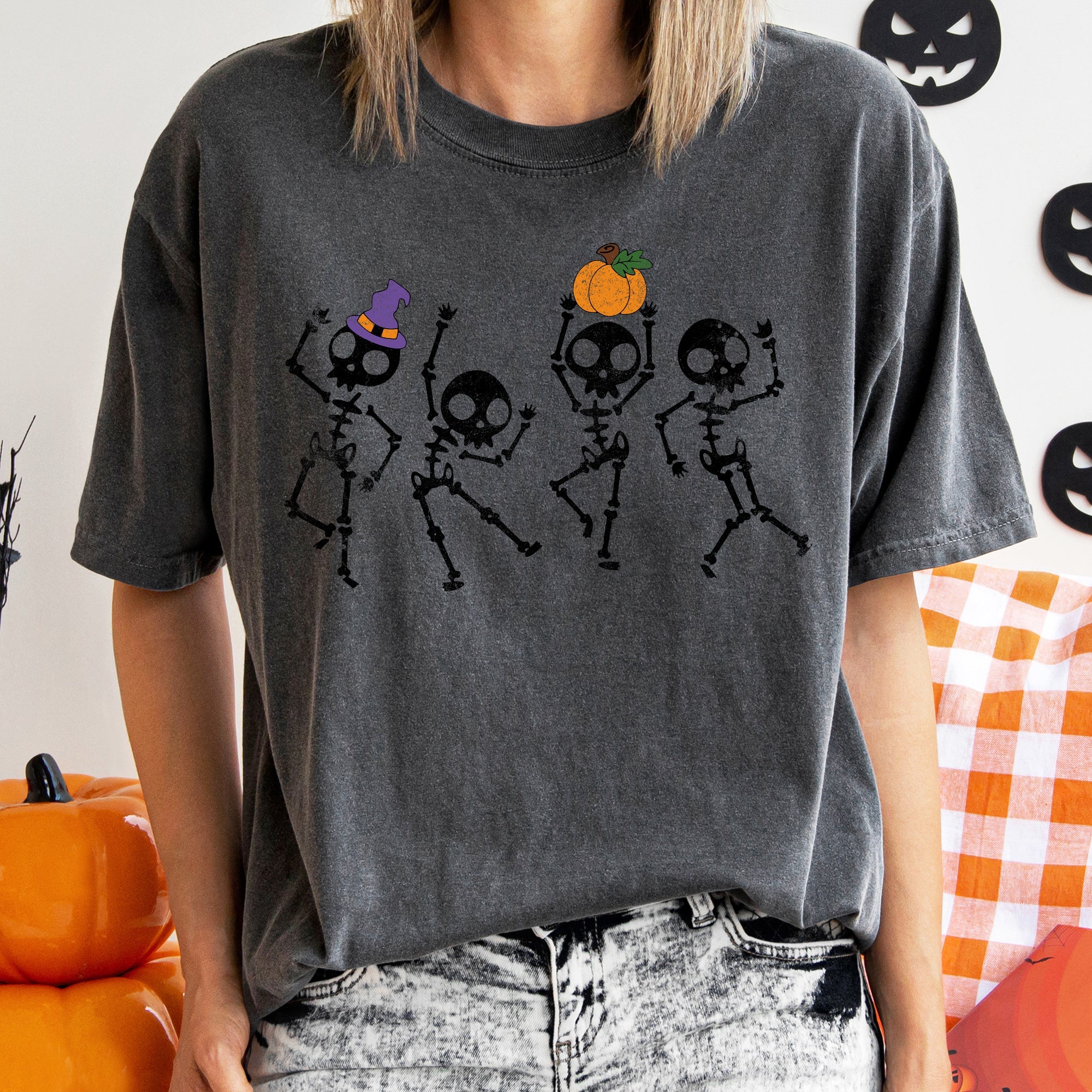 Pumpkin Dancing Skeletons Vintage Halloween Night Parade Scene In Autumn Moonlight Comfort Colors Tee