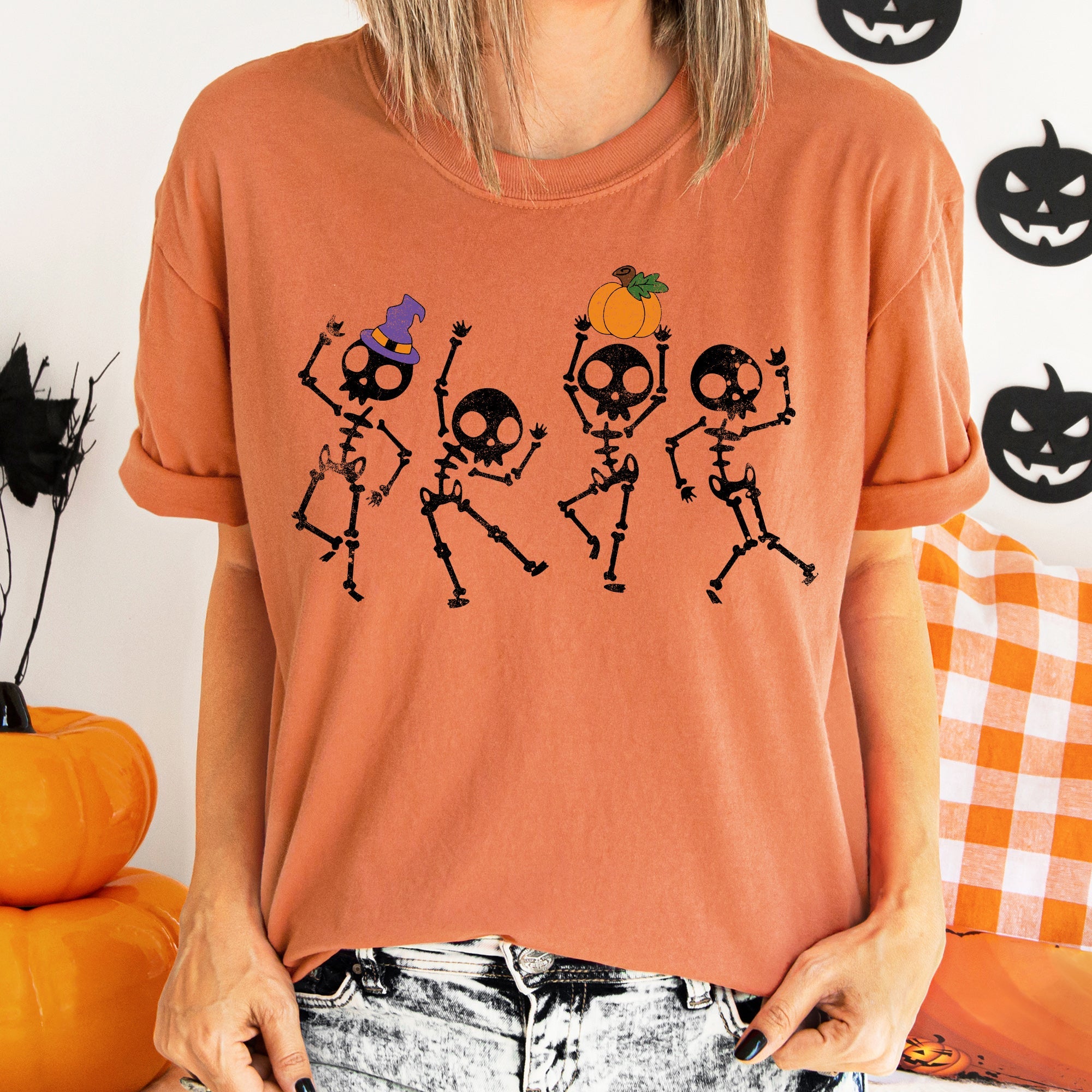Pumpkin Dancing Skeletons Vintage Halloween Night Parade Scene In Autumn Moonlight Comfort Colors Tee