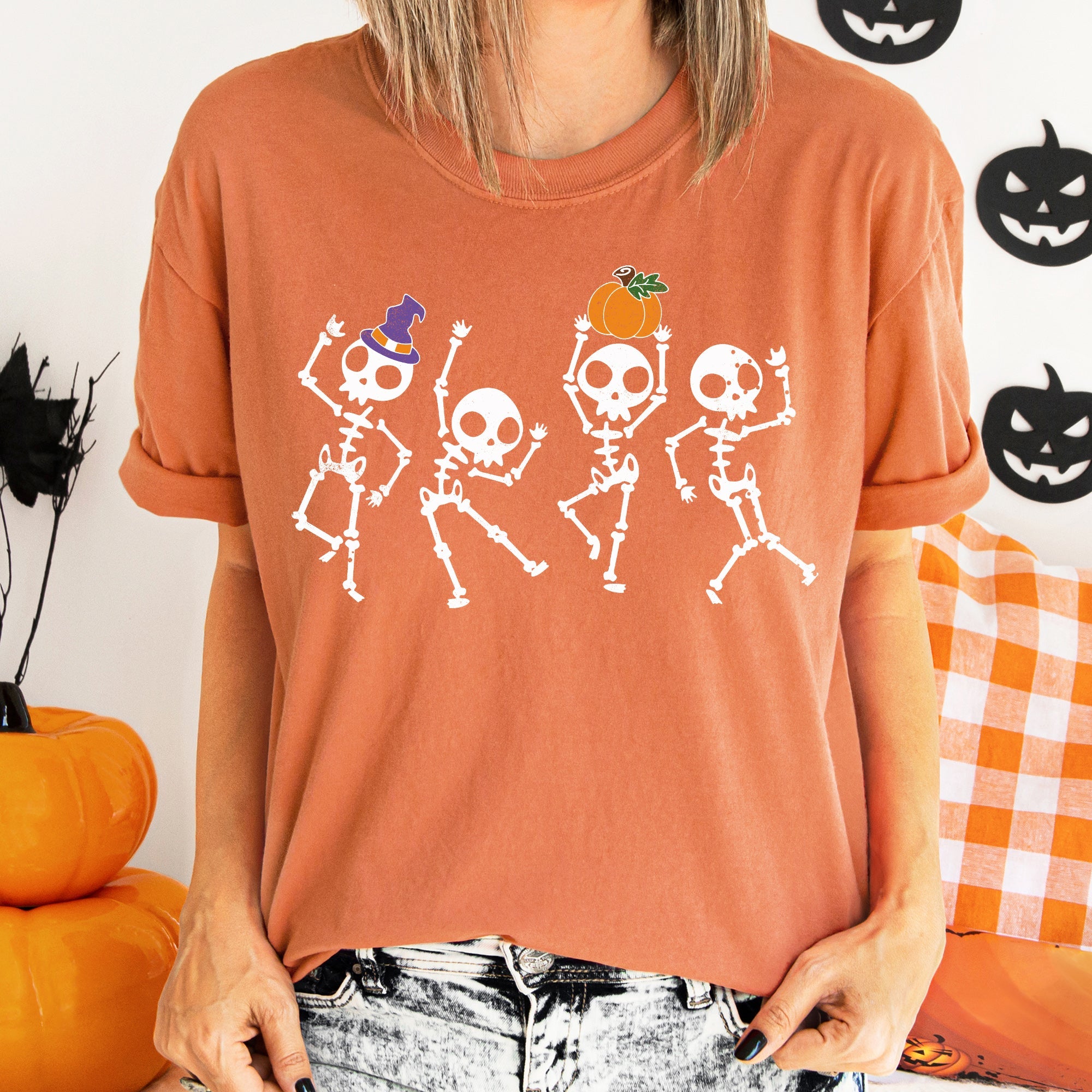 Pumpkin Dancing Skeletons Retro Halloween Night Parade Of Spooky Jamboree Comfort Colors Tee