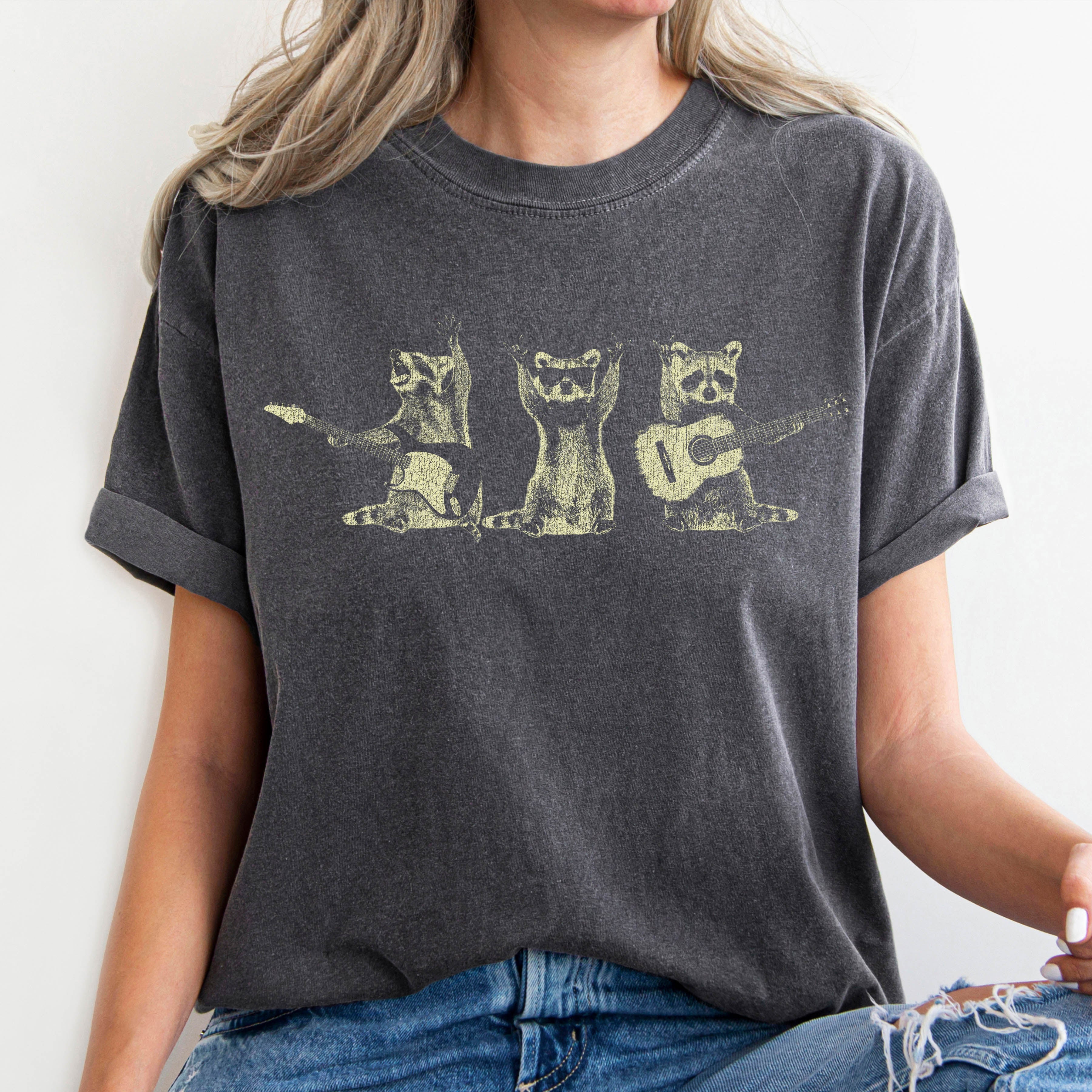 Raccoon Band Vintage Hand Drawn Illustration Featuring Bold Retro Style Comfort Colors Tee