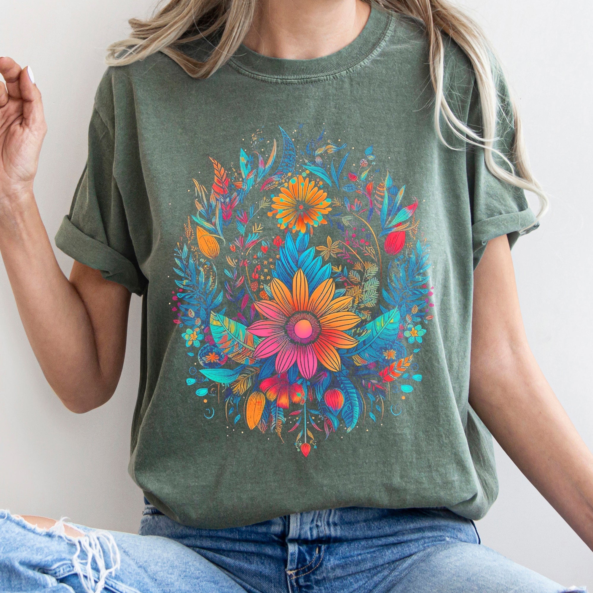 Retro Floral Festival Dreamscape Print Inspired By Summer Garden Parties Vintage Botanical Aesthetics Comfort Colors Tee