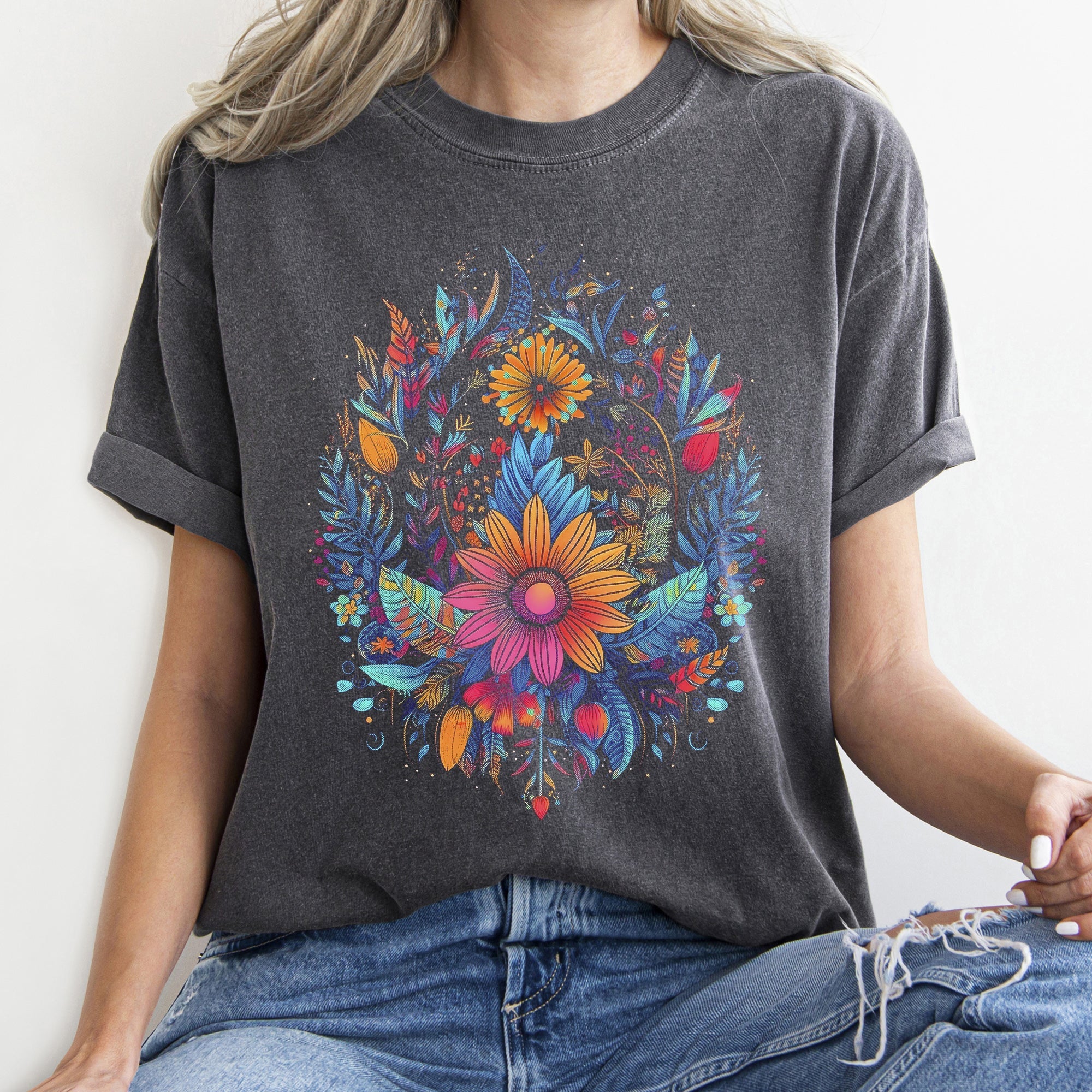 Retro Floral Festival Dreamscape Print Inspired By Summer Garden Parties Vintage Botanical Aesthetics Comfort Colors Tee