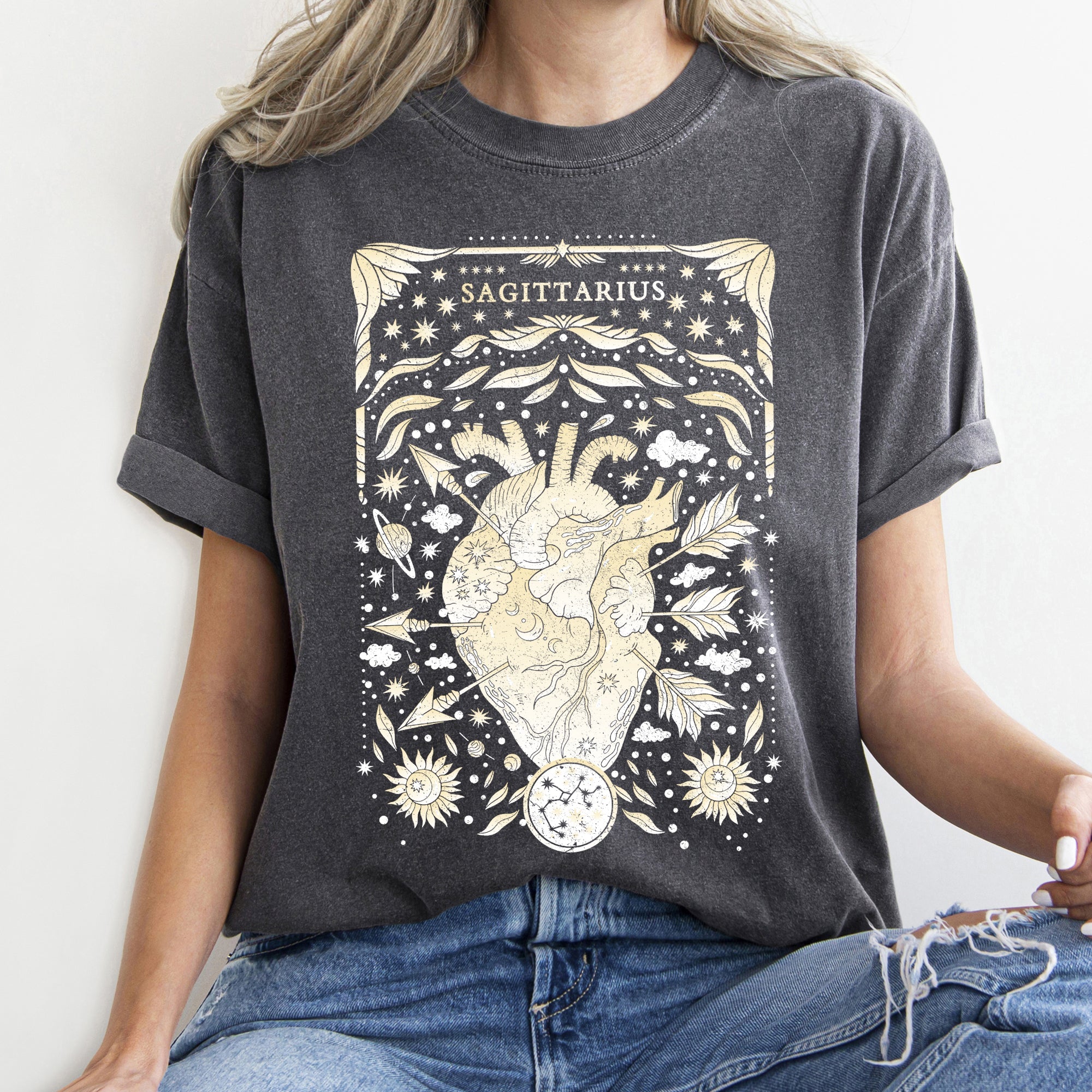 Sagittarius Celestial Zodiac Astrology Horoscope Graphic Vintage Edition Comfort Colors Tee