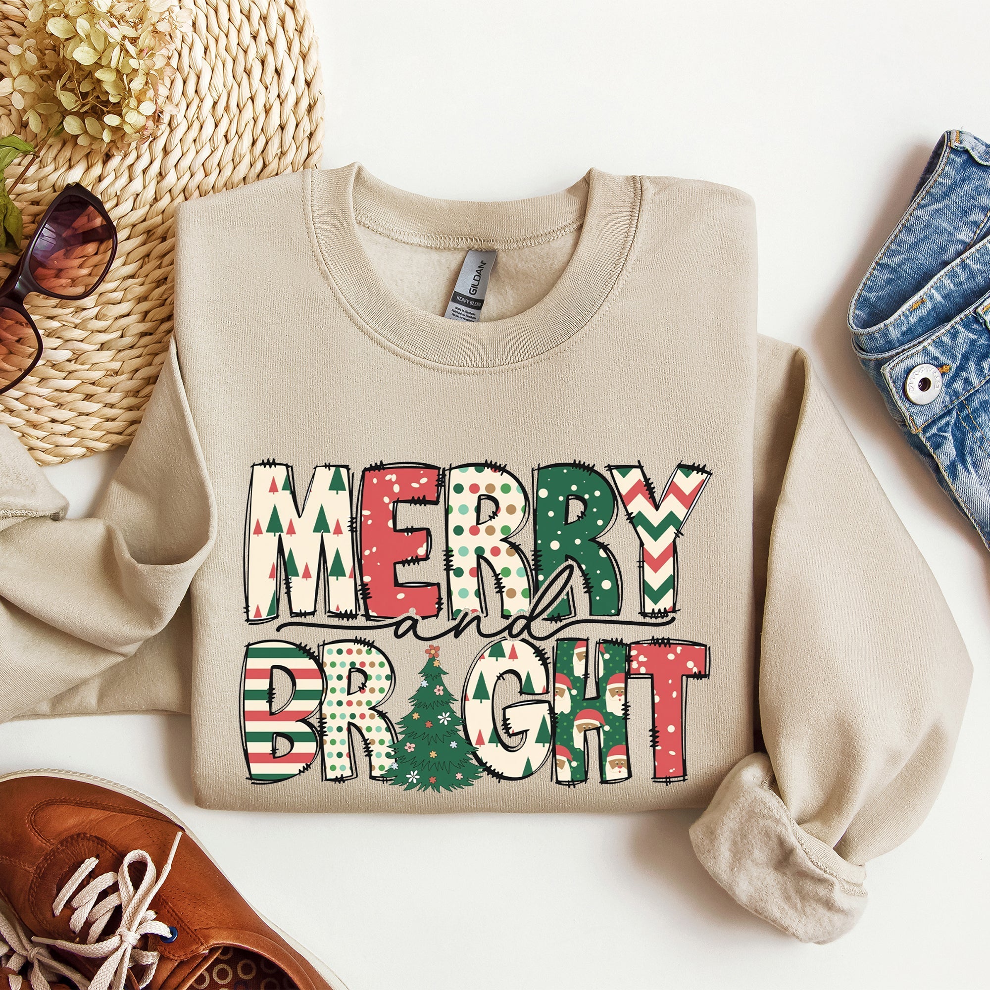 Merry And Bright Christmas Cheer Festive Holiday Lights Snowflake Motif Cozy Cotton Fleece Sweatshirt
