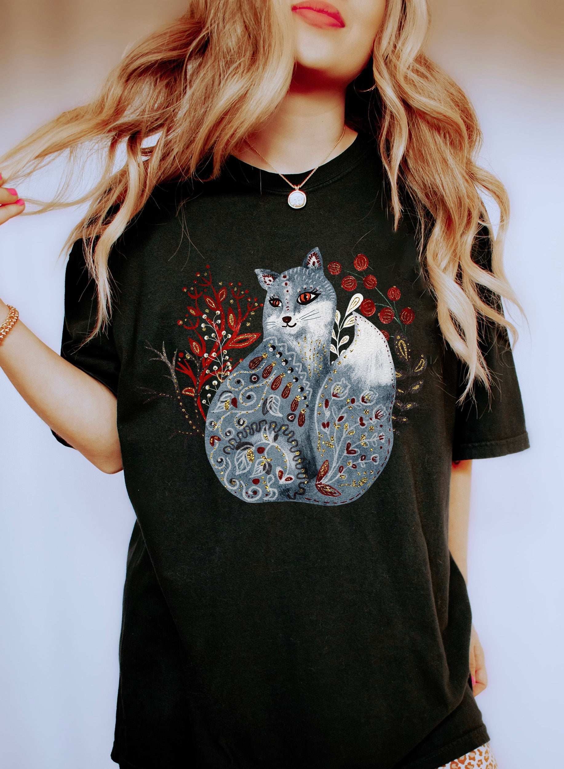 Scandinavian Fox Folk Animal Illustration in Nordic Folk Art Style Comfort Colors Tee