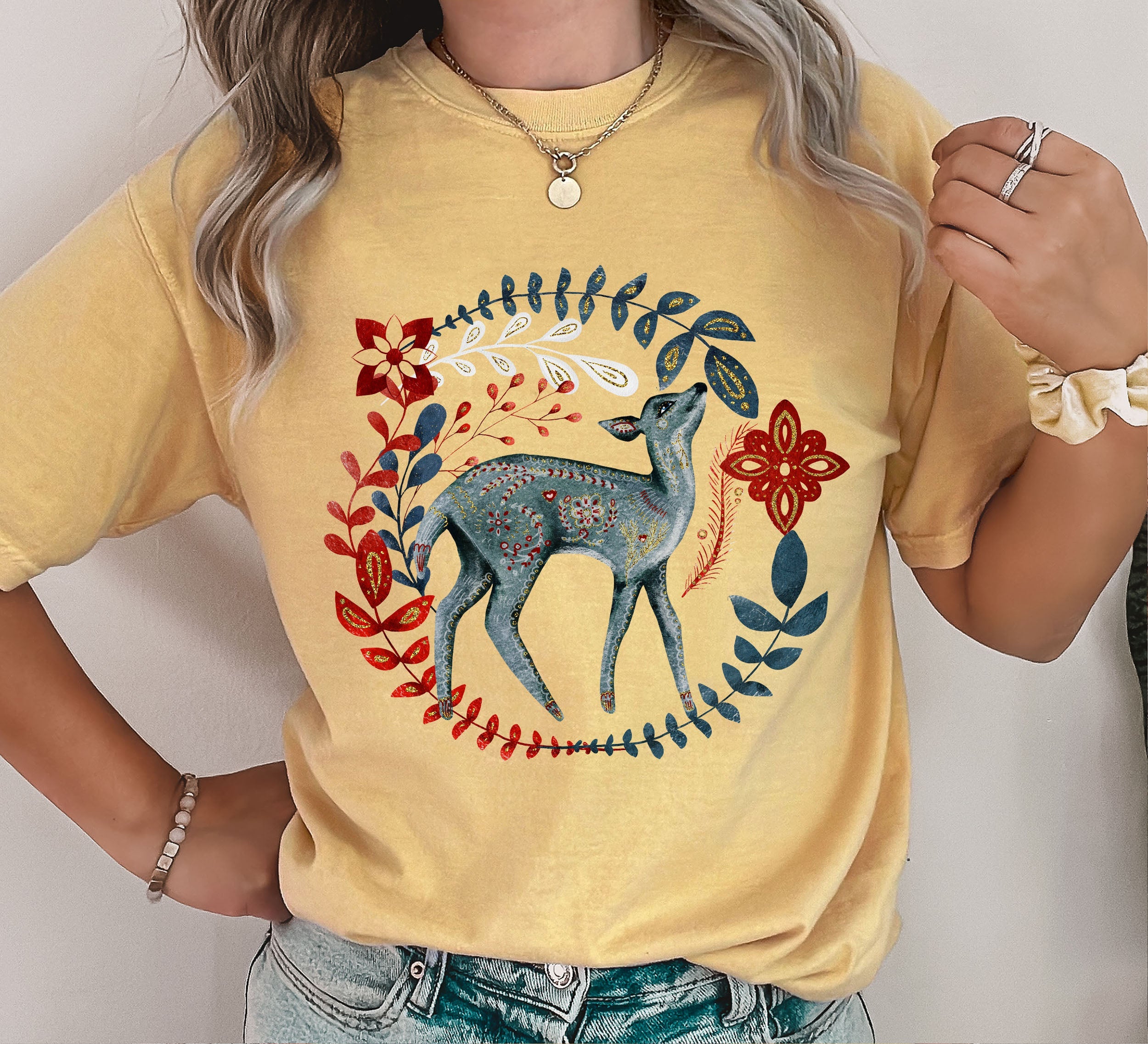 Scandinavian Folk Fawn Nordic Folk Art Inspired Pattern Heritage Style Comfort Colors Tee