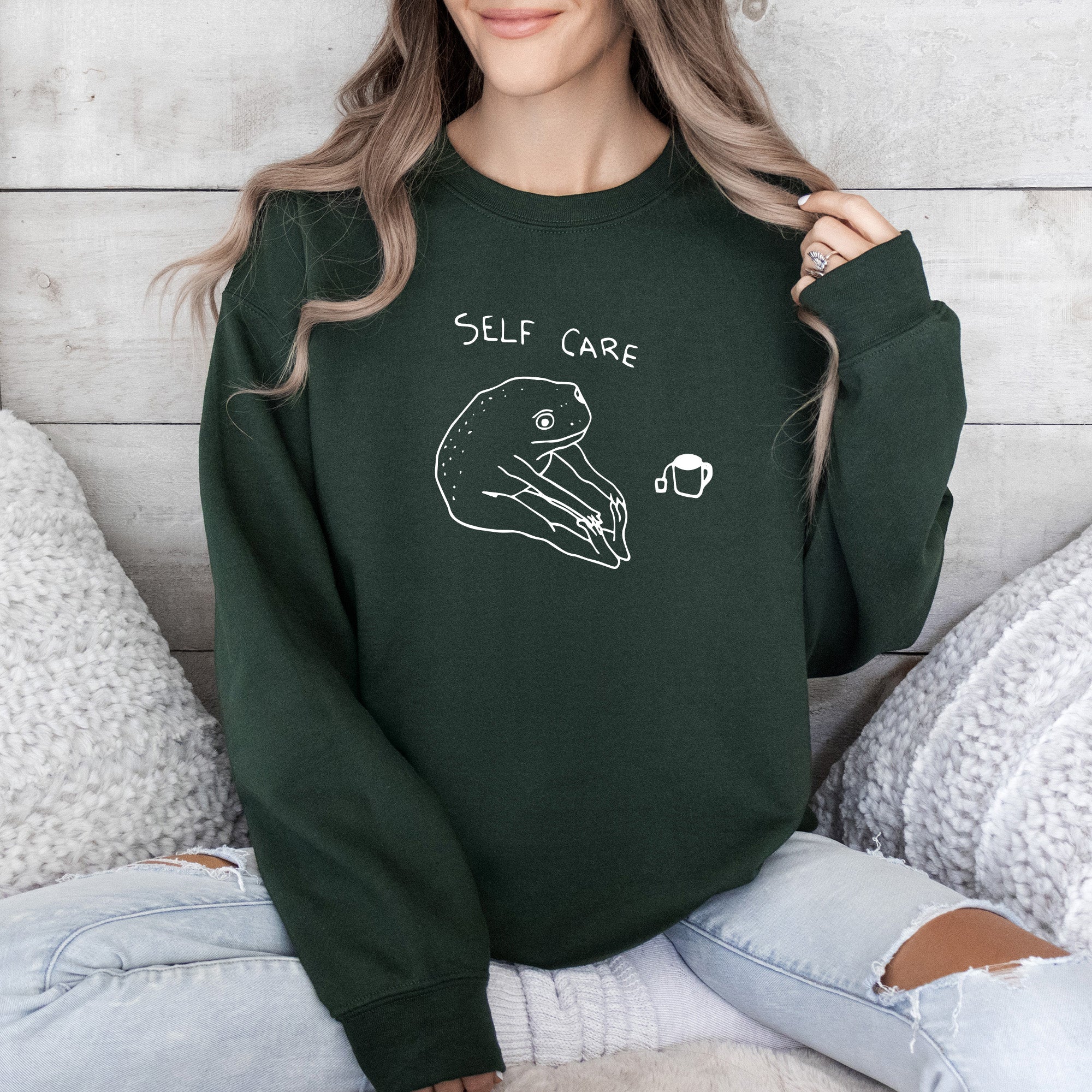 Self Care Frog Positivity Kindness Mental Health Mindful Living Motto Graphic Sweatshirt