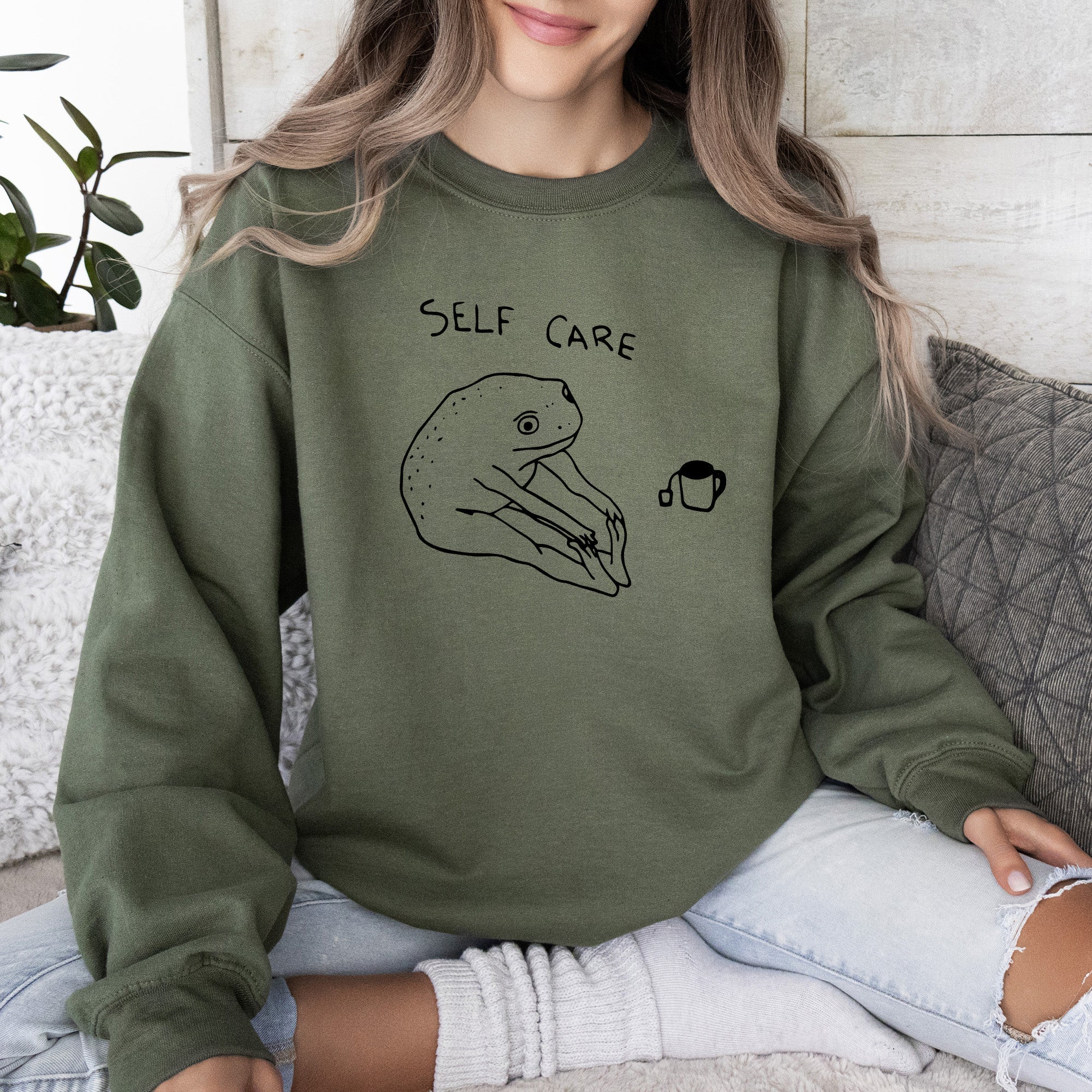 Self Care Frog Positivity Kindness Mental Health Mindful Living Motto Graphic Sweatshirt