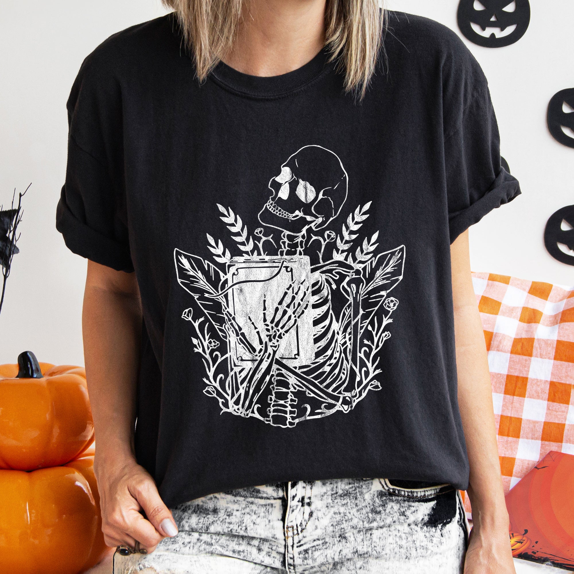 Skeleton And The Book Retro Halloween Vintage Inspired Illustration Comfort Colors Tee