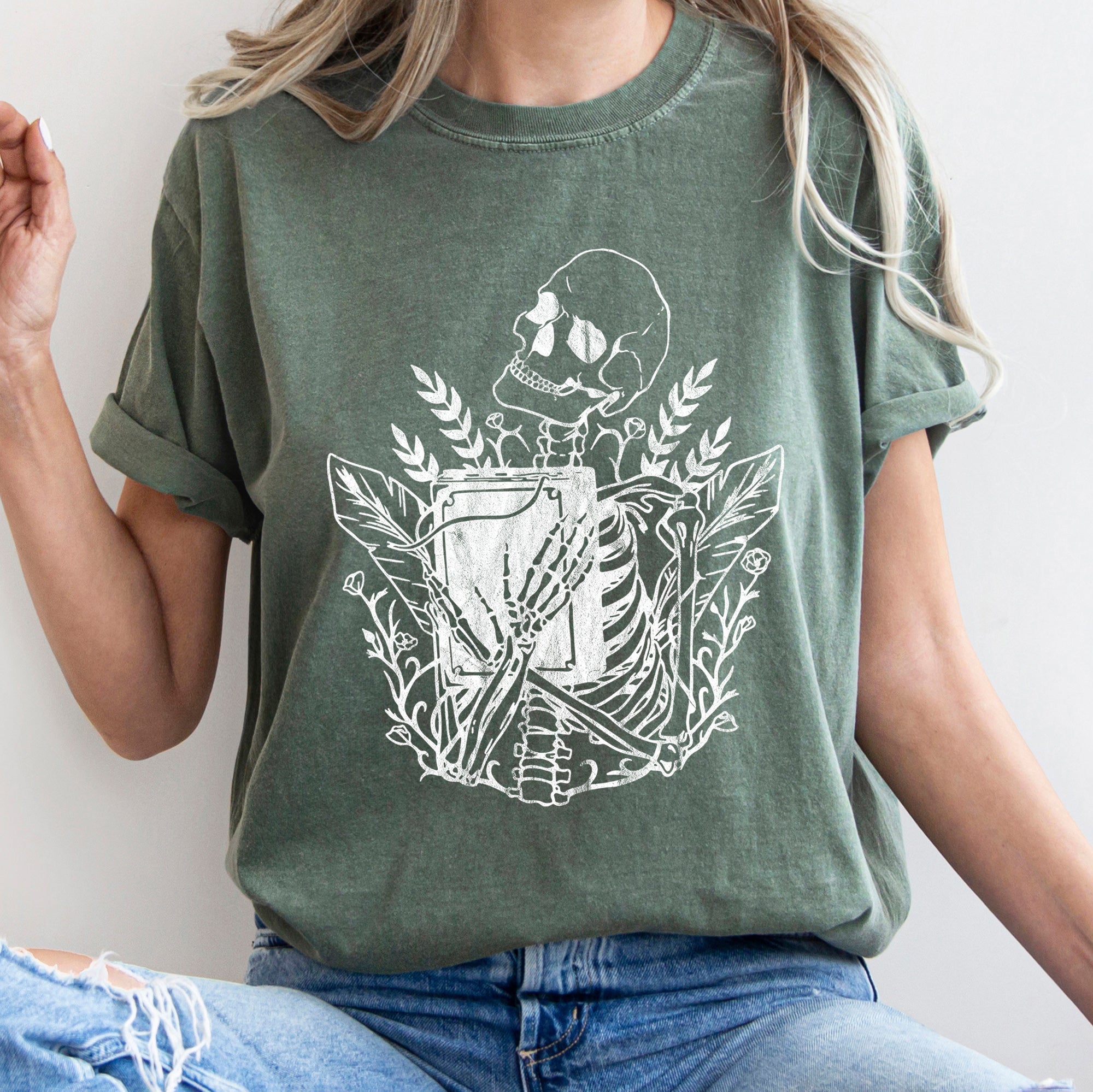 Skeleton And The Book Retro Halloween Vintage Inspired Illustration Comfort Colors Tee