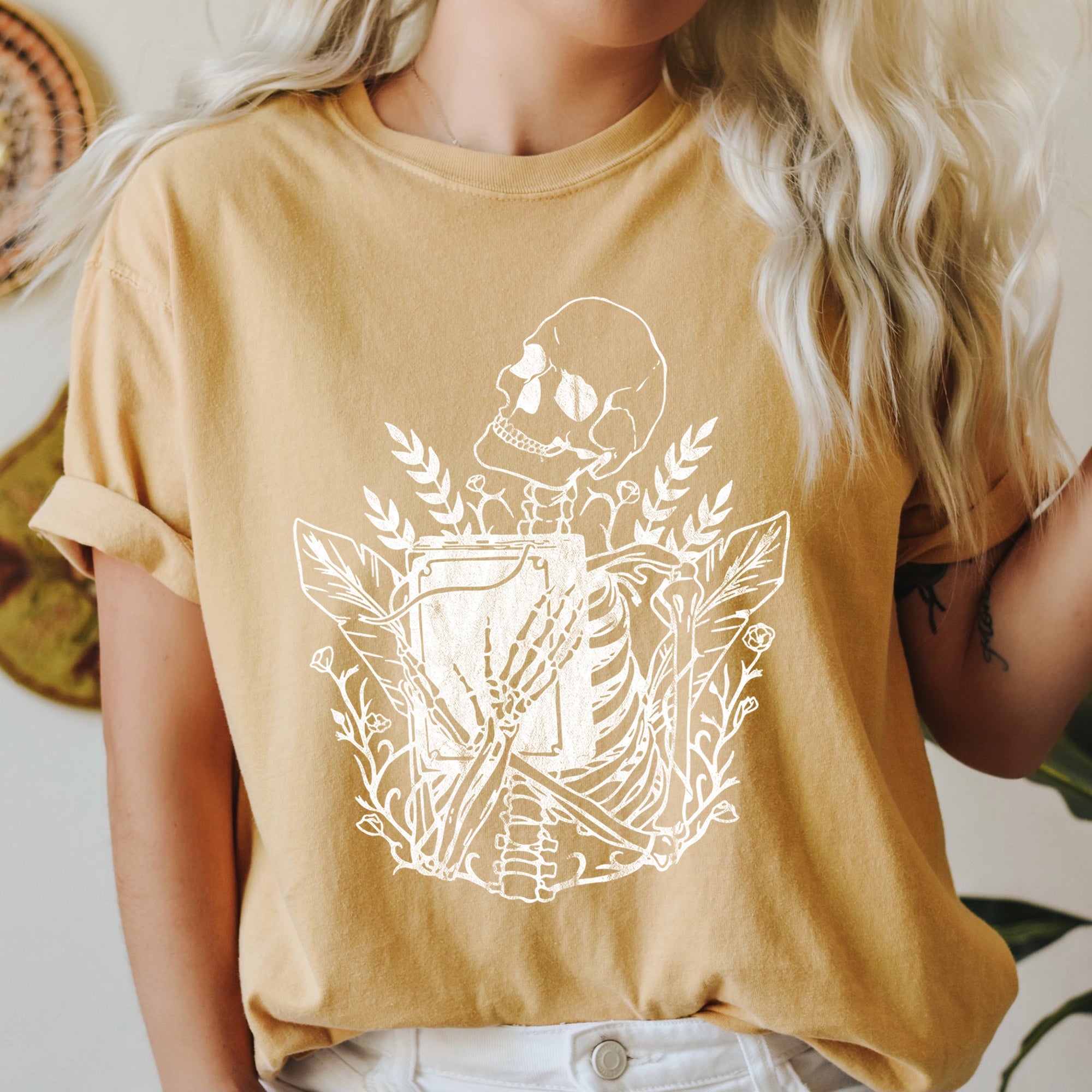 Skeleton And The Book Retro Halloween Vintage Inspired Illustration Comfort Colors Tee