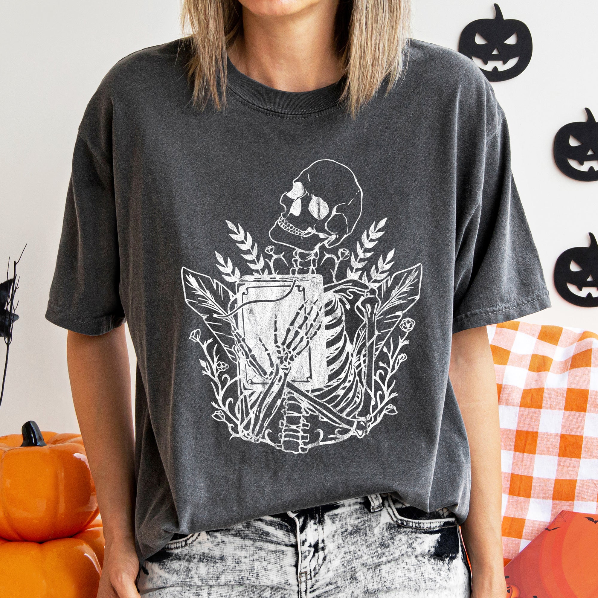 Skeleton And The Book Retro Halloween Vintage Inspired Illustration Comfort Colors Tee