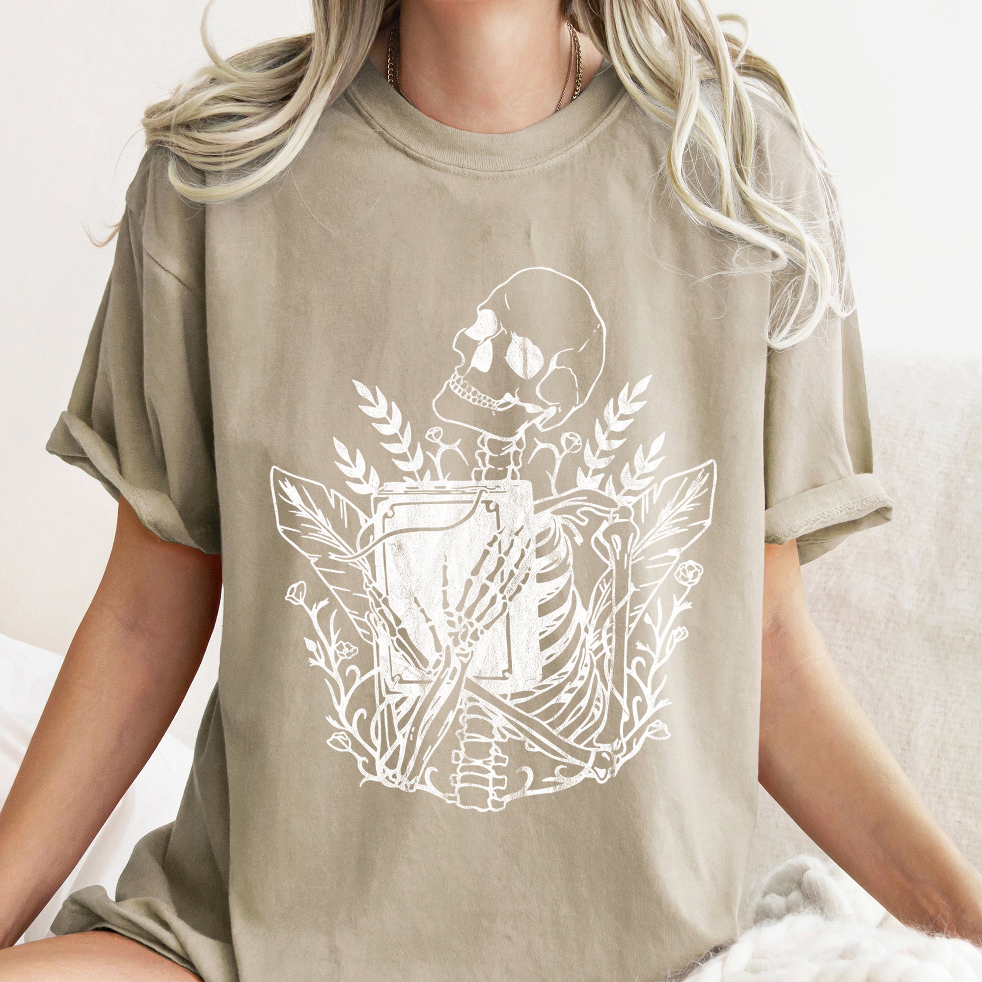 Skeleton And The Book Retro Halloween Vintage Inspired Illustration Comfort Colors Tee