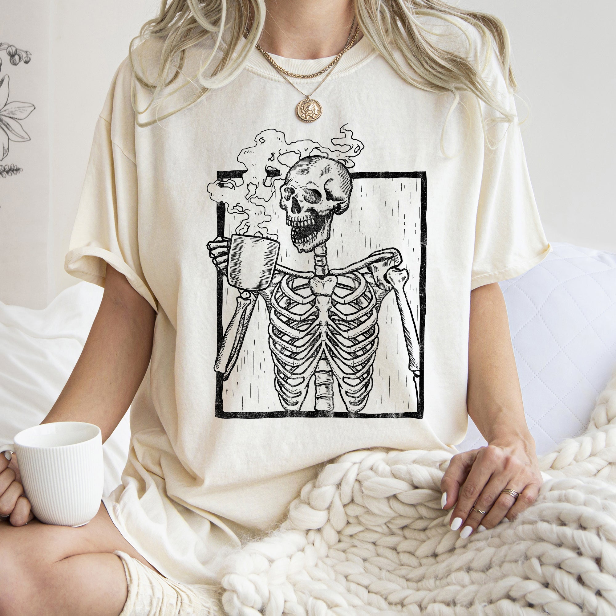 Skeleton And Coffee Retro Halloween Vintage Gothic Coffee Skeleton Illustration Comfort Colors Tee