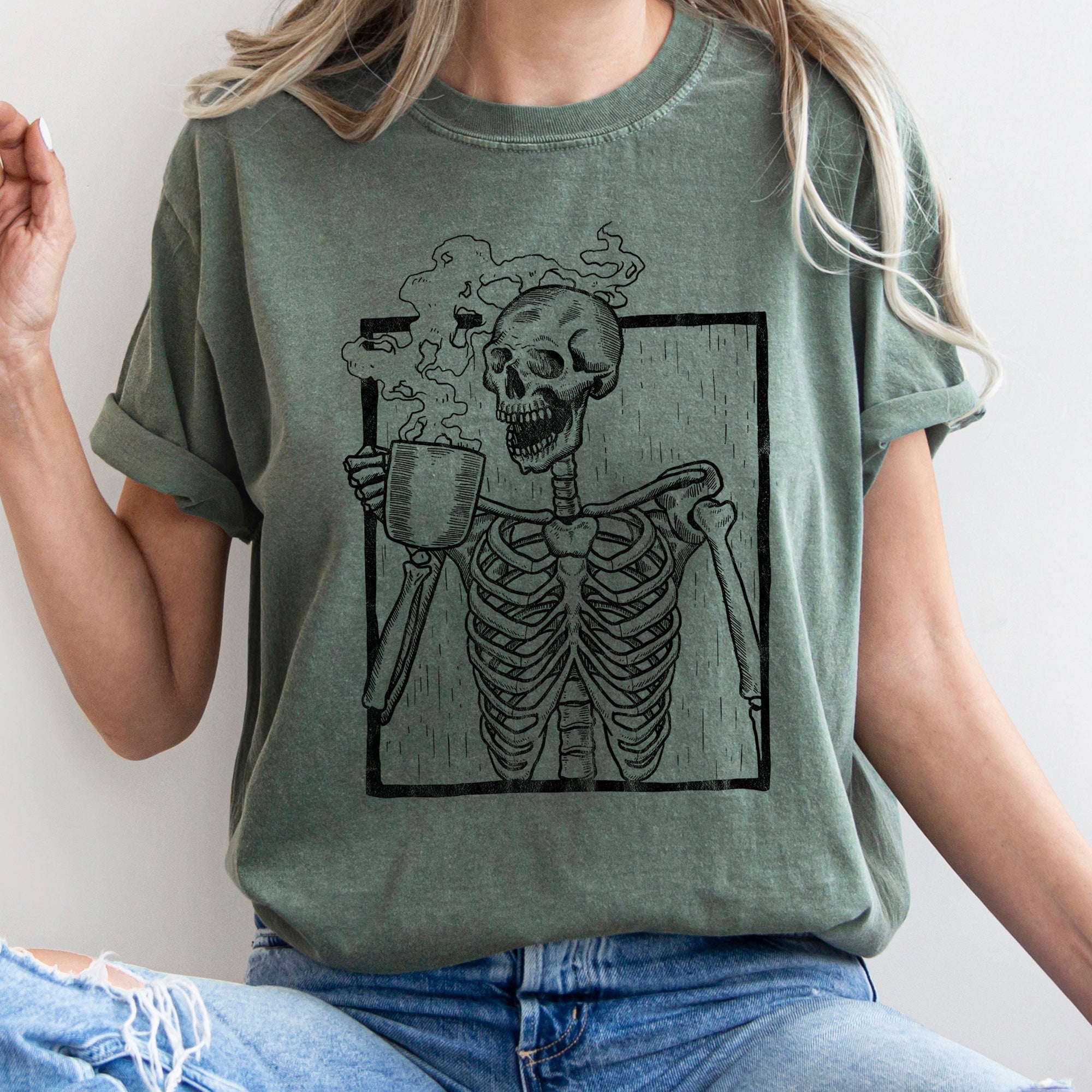 Skeleton And Coffee Retro Halloween Vintage Gothic Coffee Skeleton Illustration Comfort Colors Tee