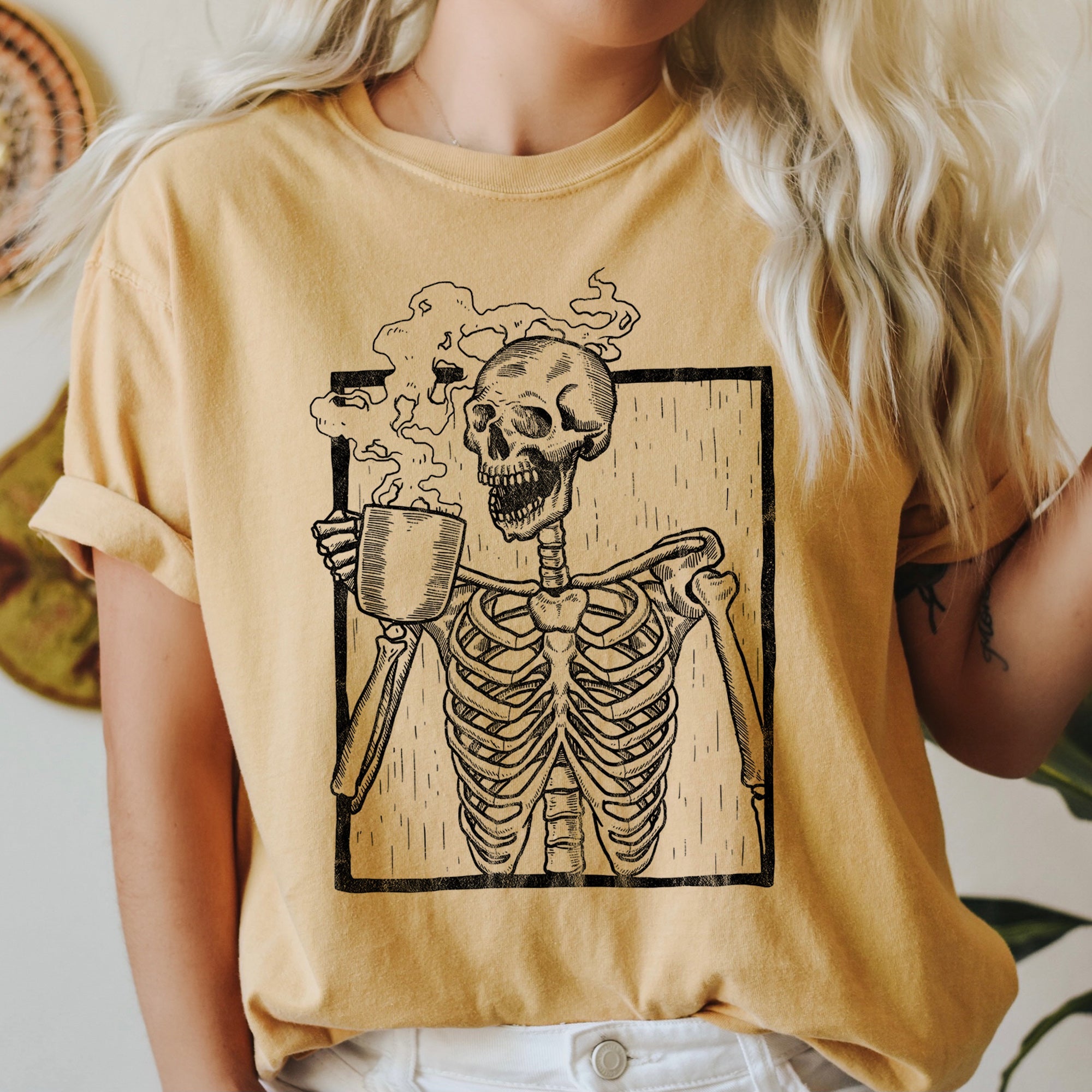 Skeleton And Coffee Retro Halloween Vintage Gothic Coffee Skeleton Illustration Comfort Colors Tee
