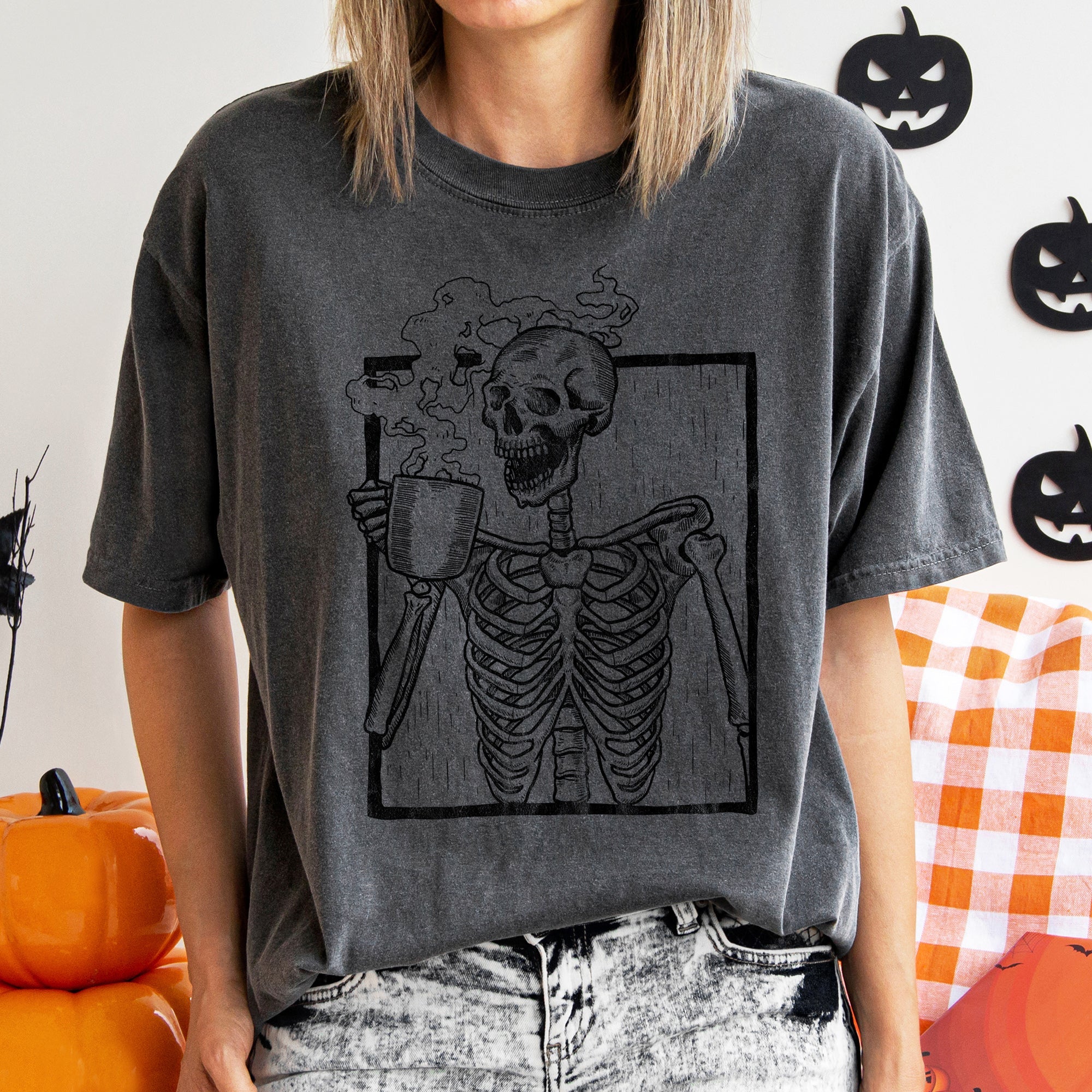 Skeleton And Coffee Retro Halloween Vintage Gothic Coffee Skeleton Illustration Comfort Colors Tee