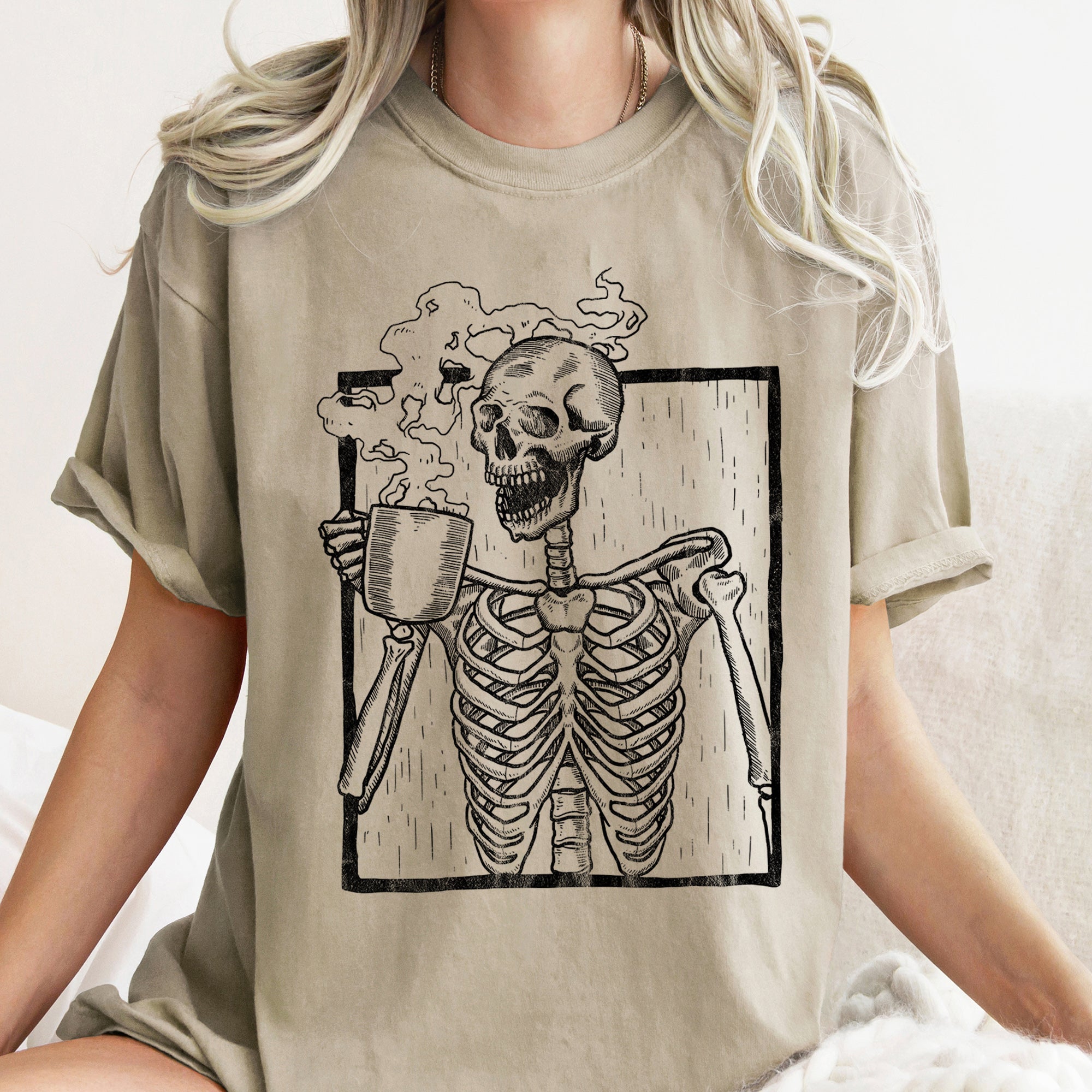 Skeleton And Coffee Retro Halloween Vintage Gothic Coffee Skeleton Illustration Comfort Colors Tee