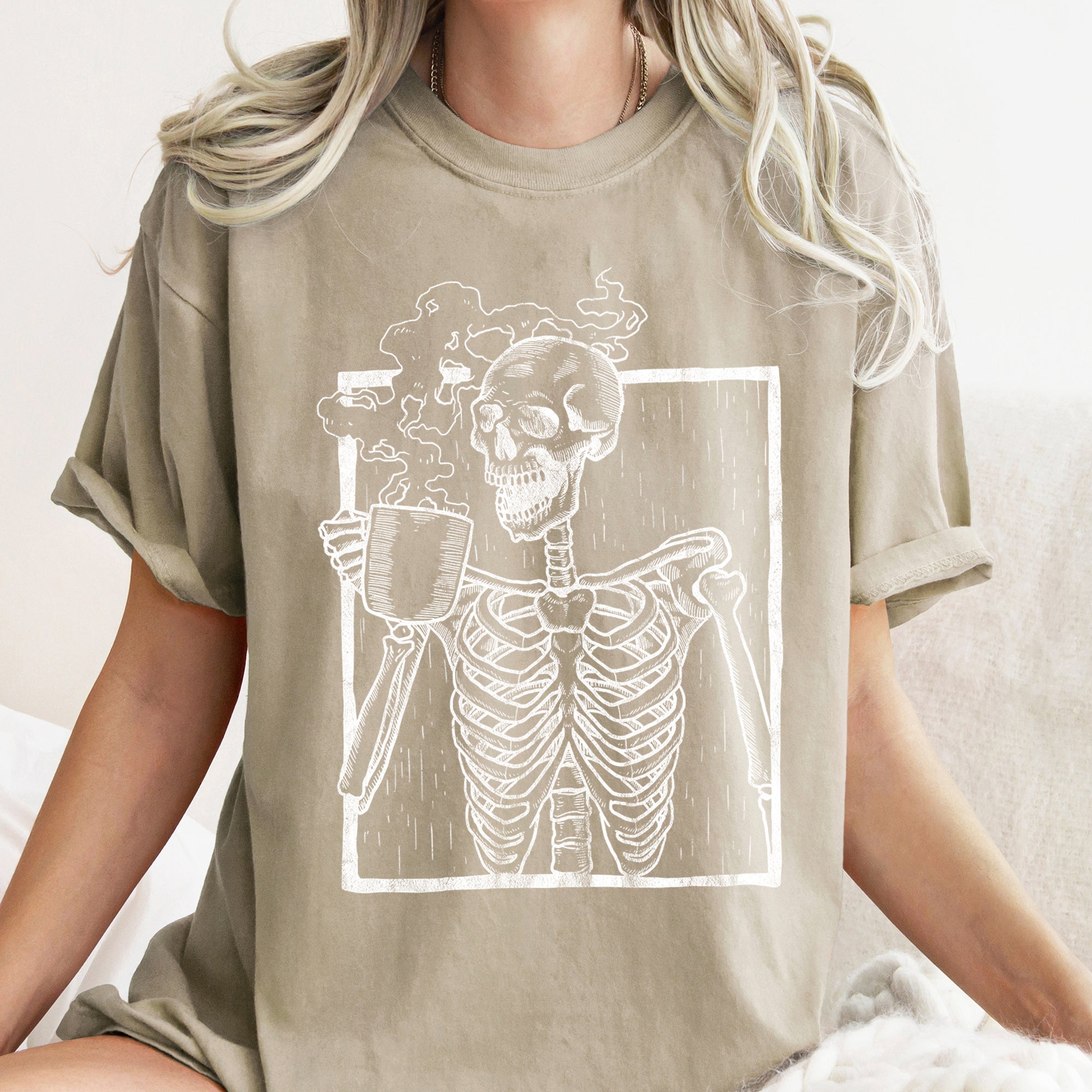 Skeleton And Coffee Retro Halloween Comfort Colors Tee
