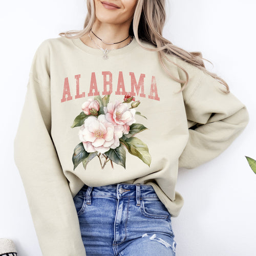 Alabama State Flower Vintage Botanical Crest State Emblem Soft Fleece Graphic Sweatshirt