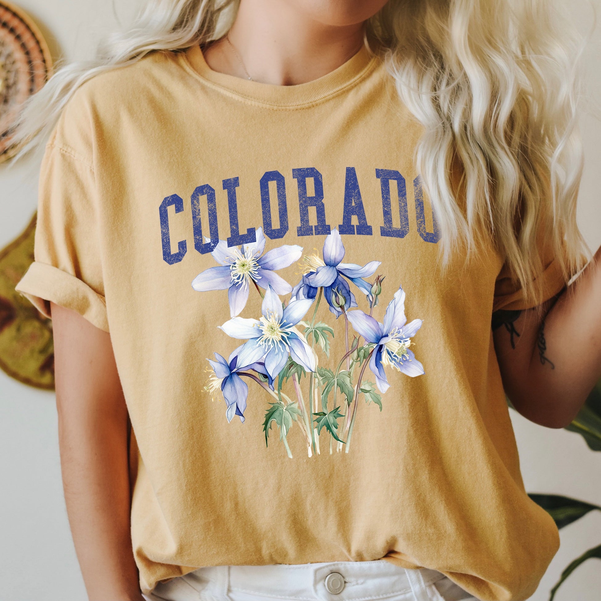 Colorado State Flower Classic Script Emblem Edition Vintage Inspired Bold Lettering Comfort Colors Tee