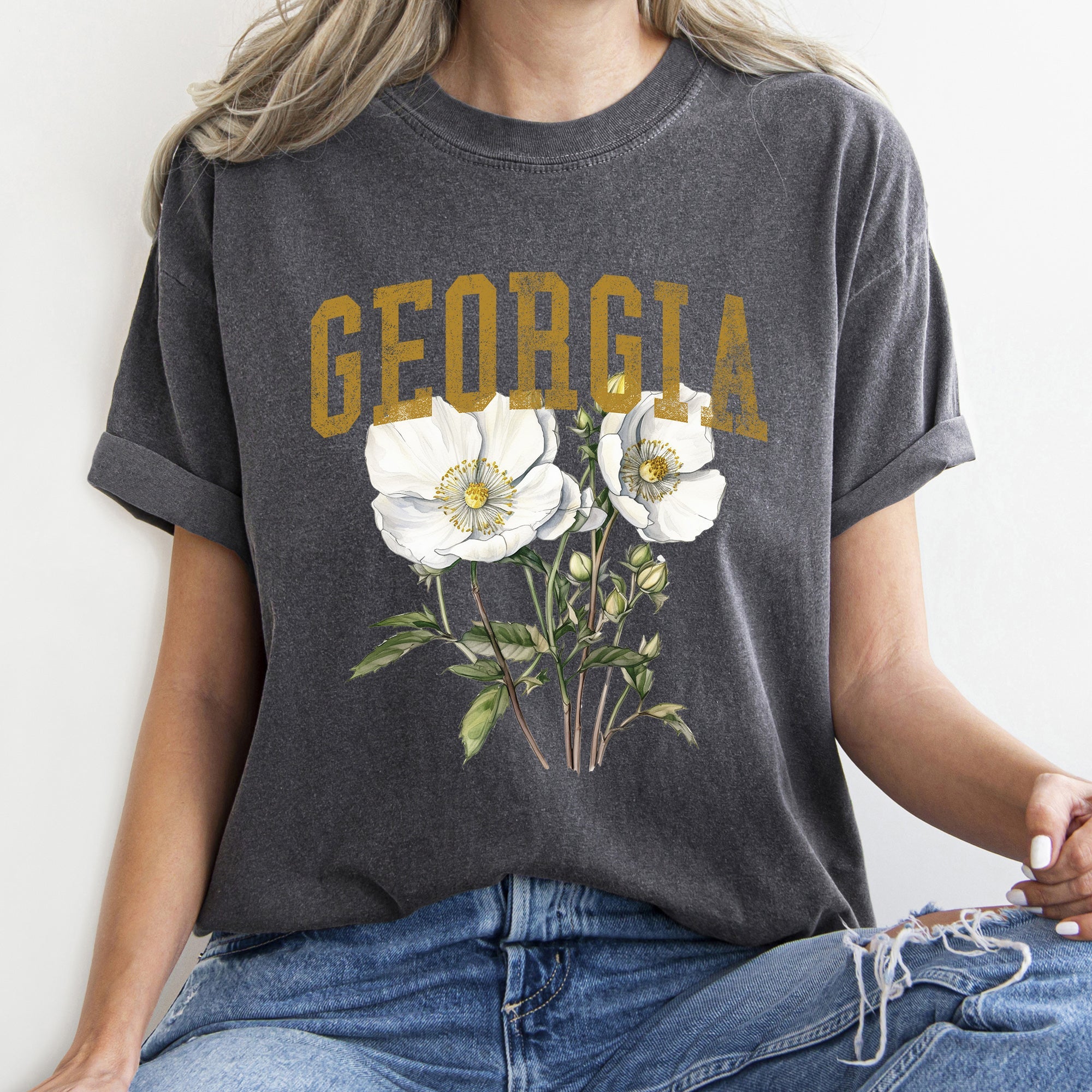 Georgia State Flower Vintage Script Emblem Heritage Peach State Pride Comfort Colors Tee