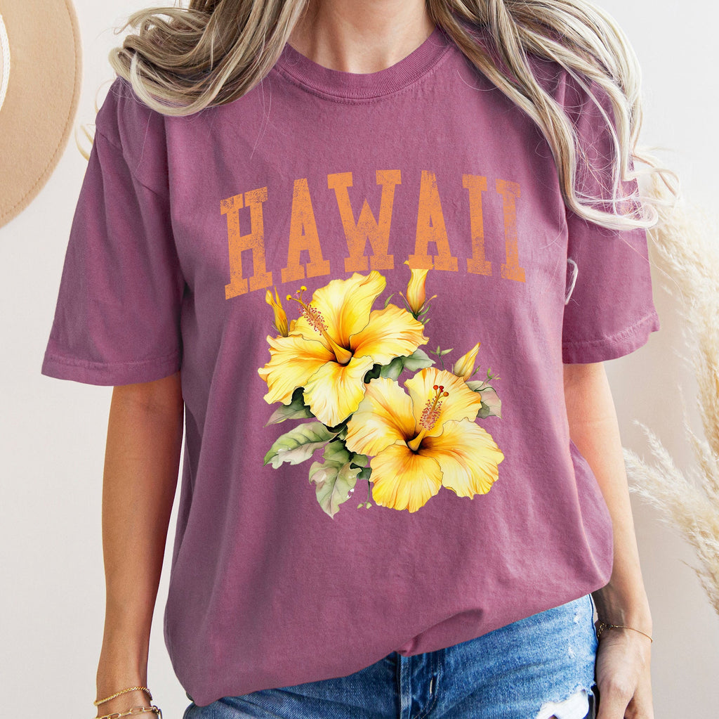 Hawaii State Flower Hibiscus Bloom Aloha By The Sea Sunset Pattern Comfort Colors Tee