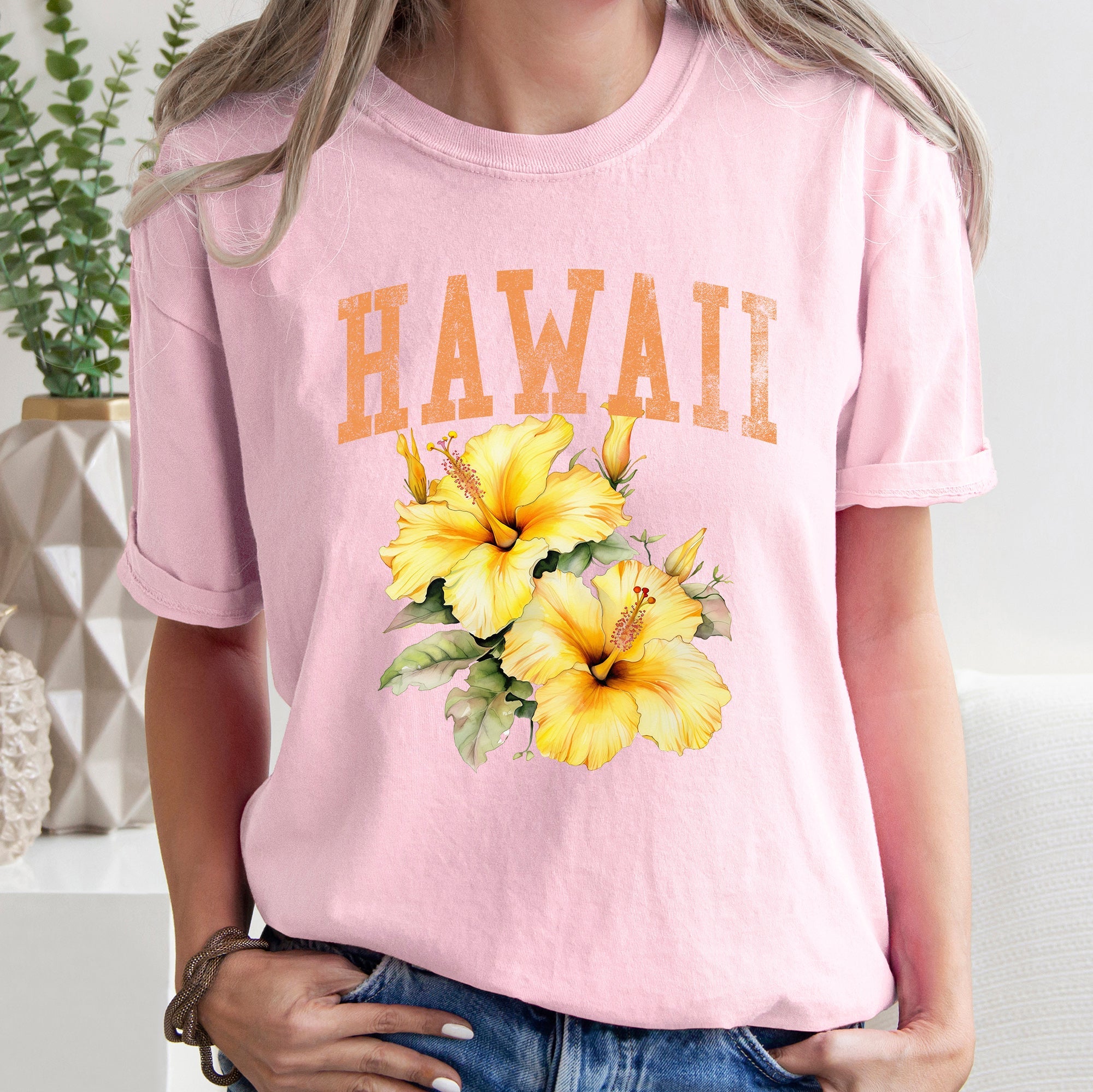 Hawaii State Flower Hibiscus Bloom Aloha By The Sea Sunset Pattern Comfort Colors Tee