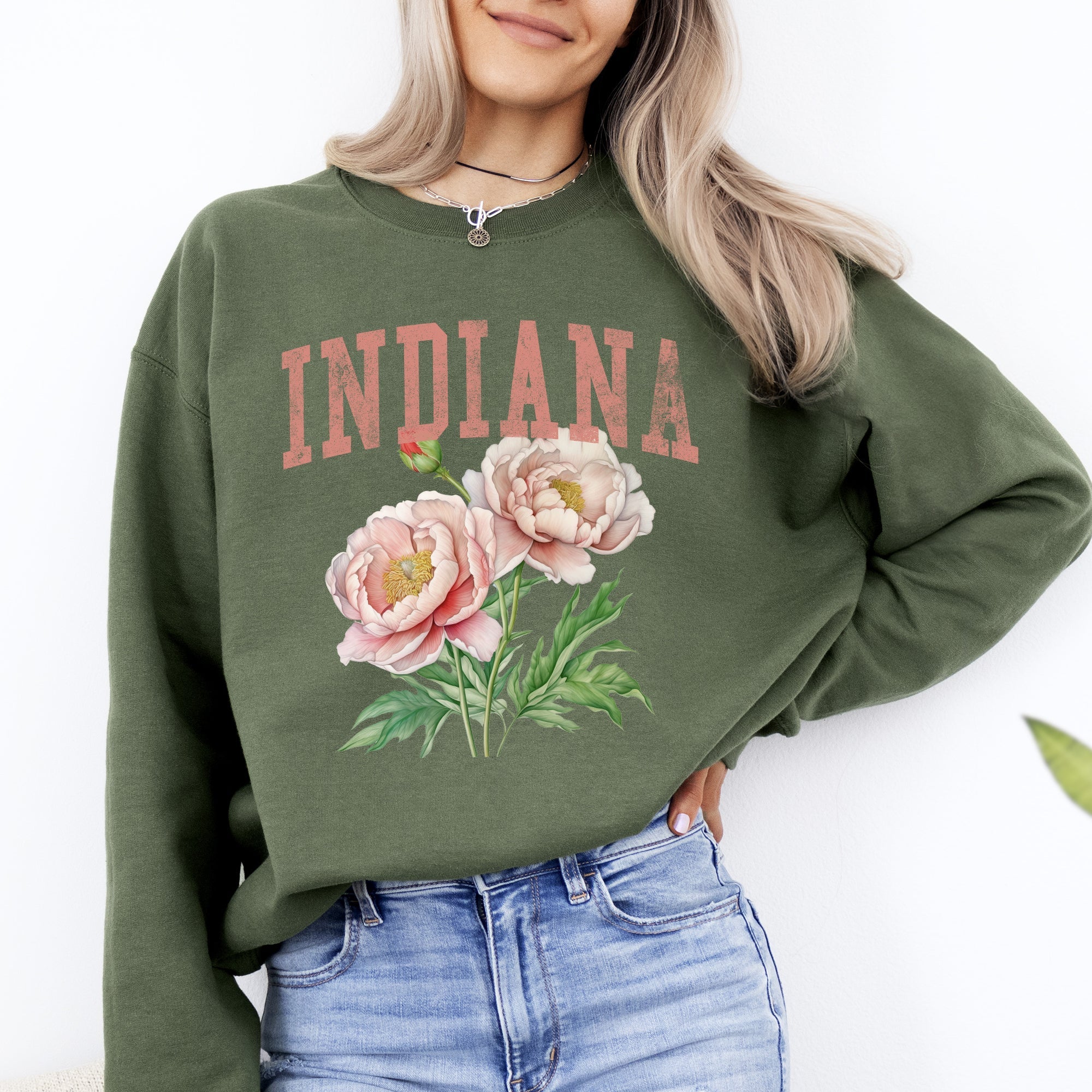 Indiana State Flower Peony Botanical Illustration And Typography Artwork Celebrating Indiana State Pride Sweatshirt