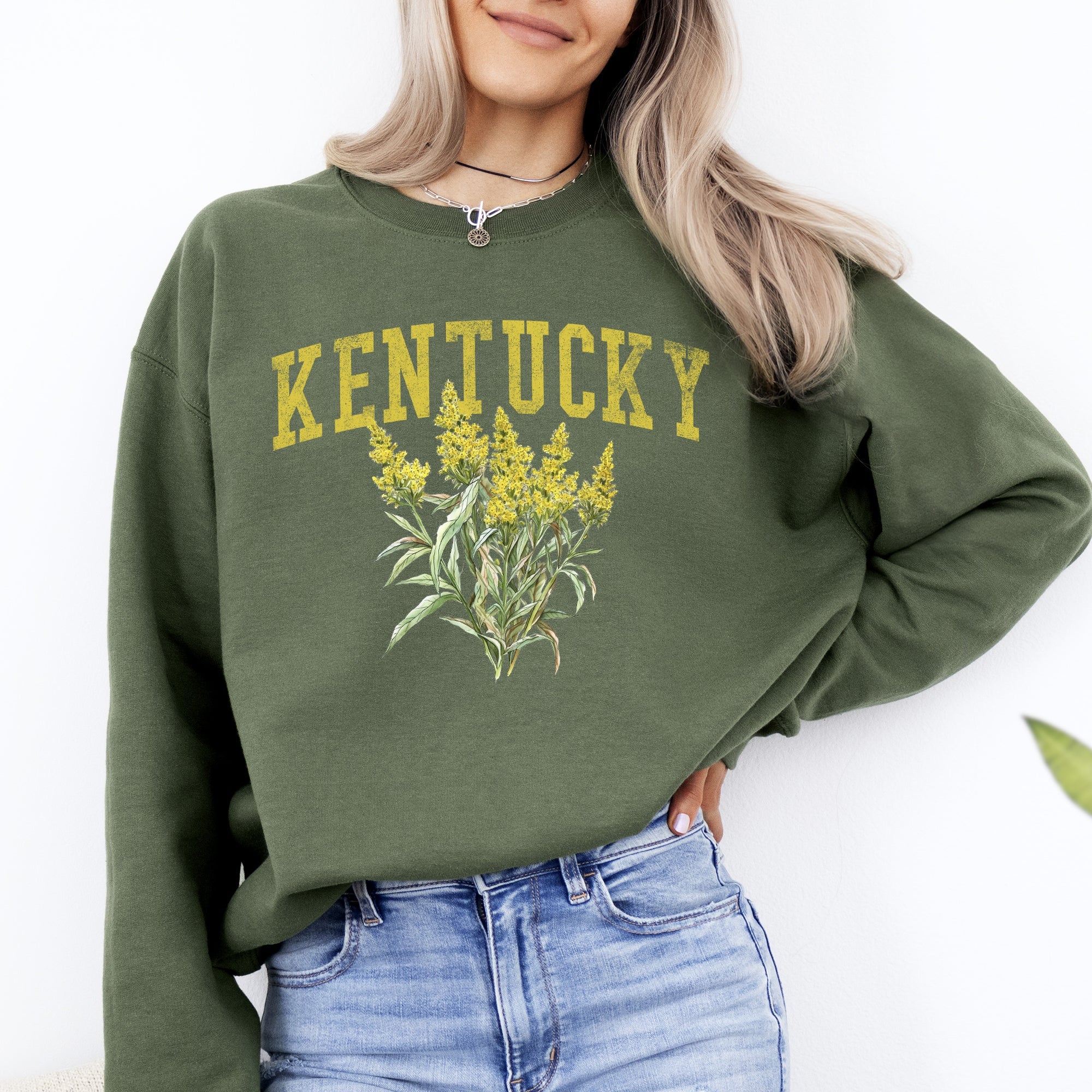 Kentucky State Flower Emblem Illustration Featuring Bold State Pride Script and Vintage Heraldic Crest Sweatshirt