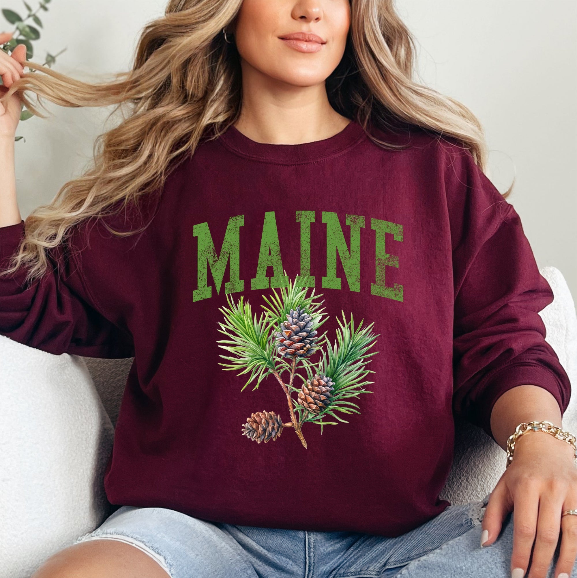 Maine State Flower Pine Cone And Tassel Heritage Edition Premium Graphic Sweatshirt