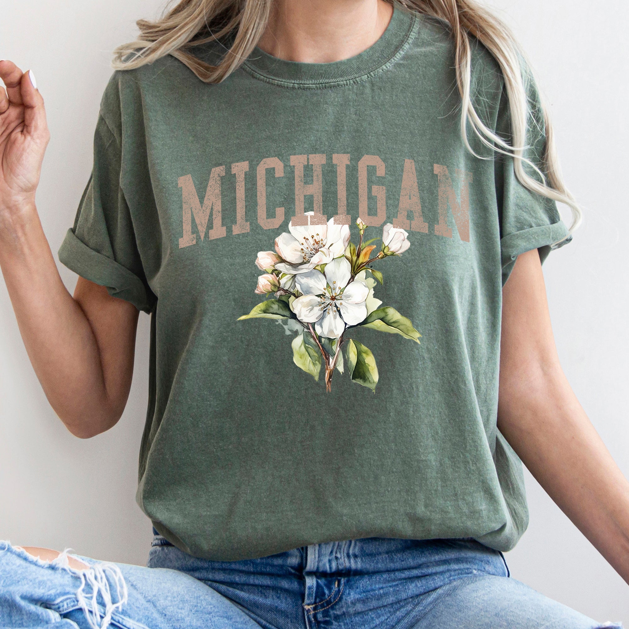 Michigan State Flower Vintage Script Emblem Florals Spartan Pride Crest Edition Comfort Colors Tee