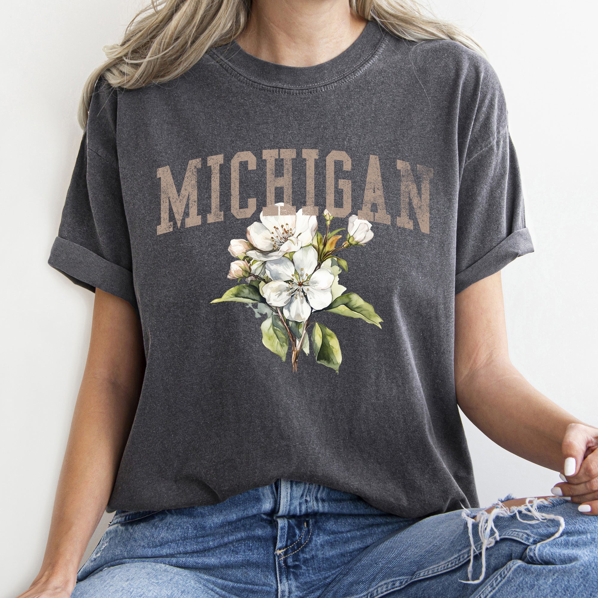 Michigan State Flower Vintage Script Emblem Florals Spartan Pride Crest Edition Comfort Colors Tee