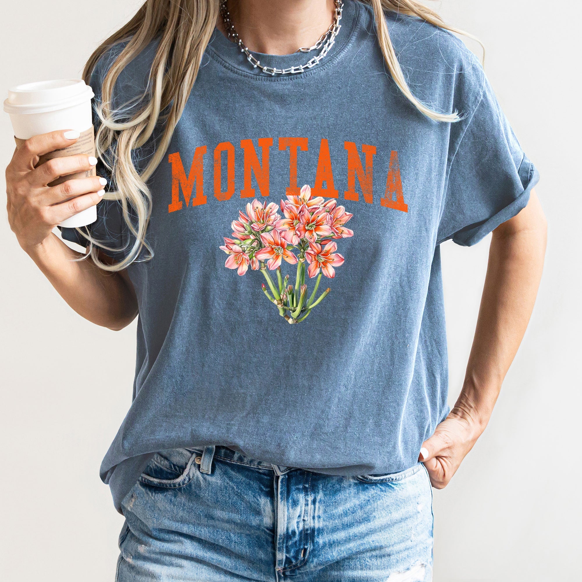 Montana State Flower Vintage Script Emblem Western State Pride Floral Motif Rustic Americana Comfort Colors Tee