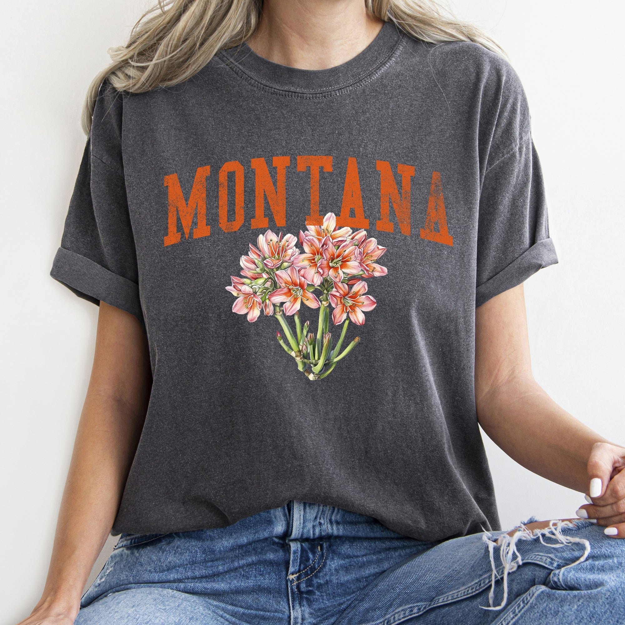 Montana State Flower Vintage Script Emblem Western State Pride Floral Motif Rustic Americana Comfort Colors Tee