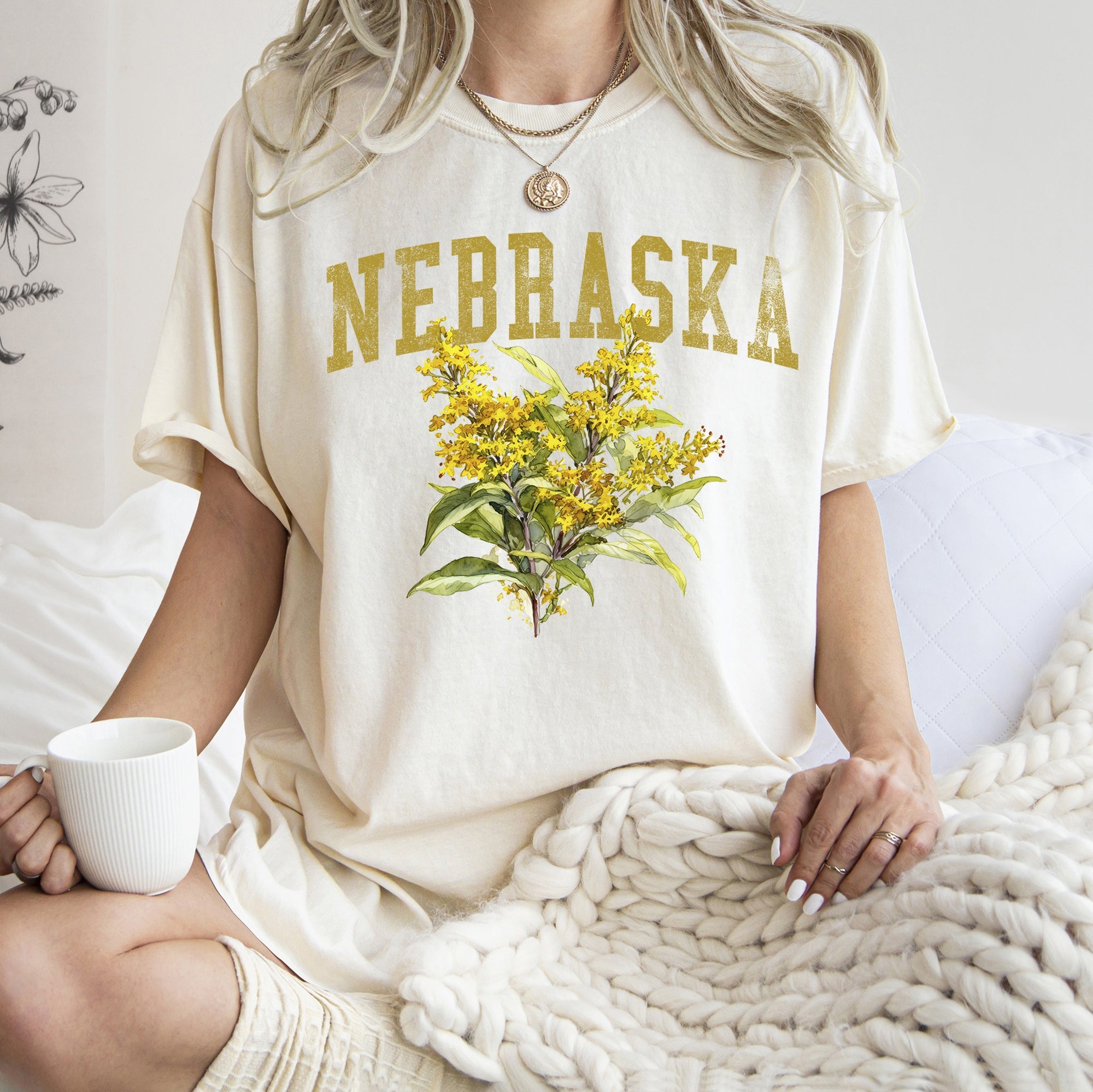 Nebraska State Flower Goldenrod Botanical Illustration Vintage Inspired Comfort Colors Tee