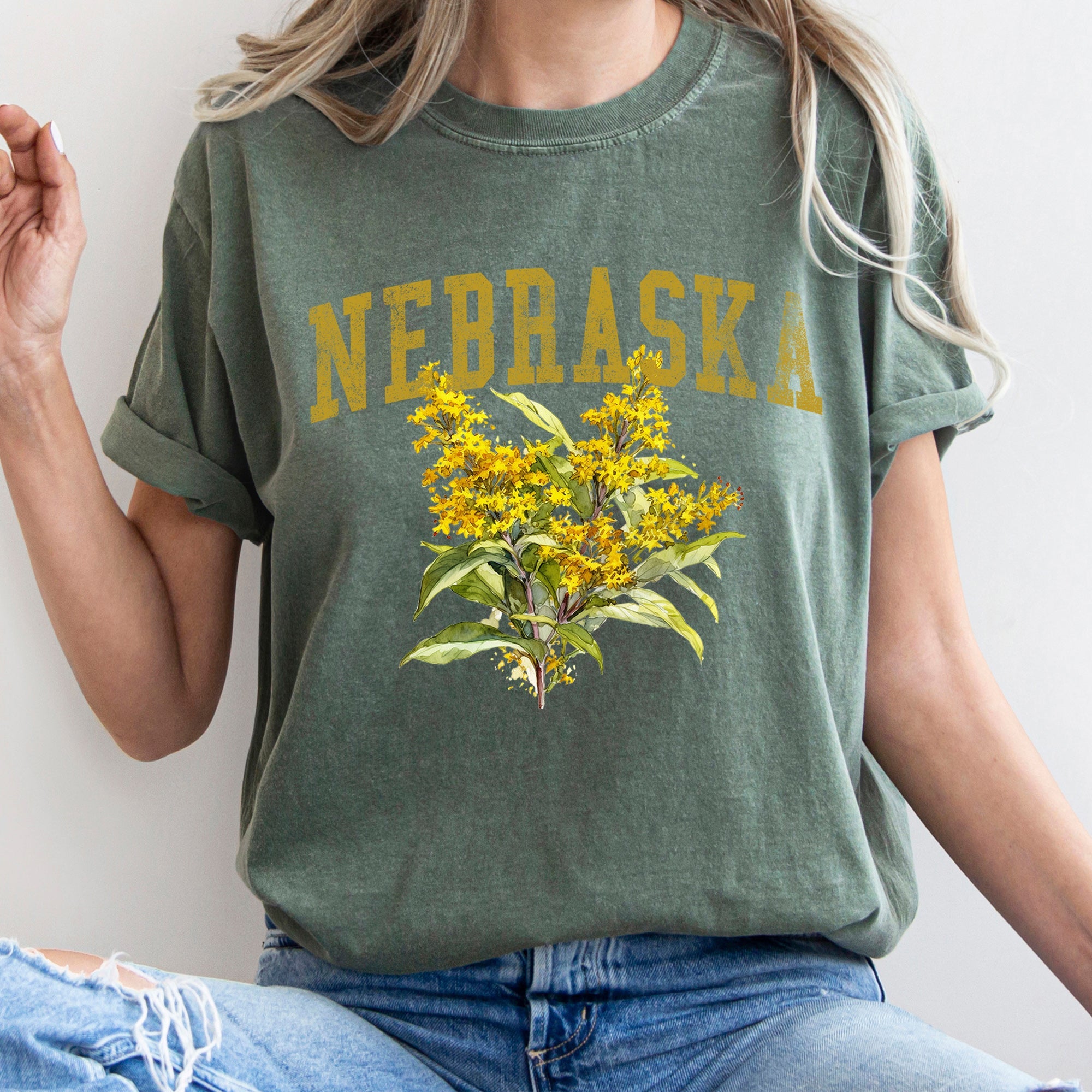 Nebraska State Flower Goldenrod Botanical Illustration Vintage Inspired Comfort Colors Tee