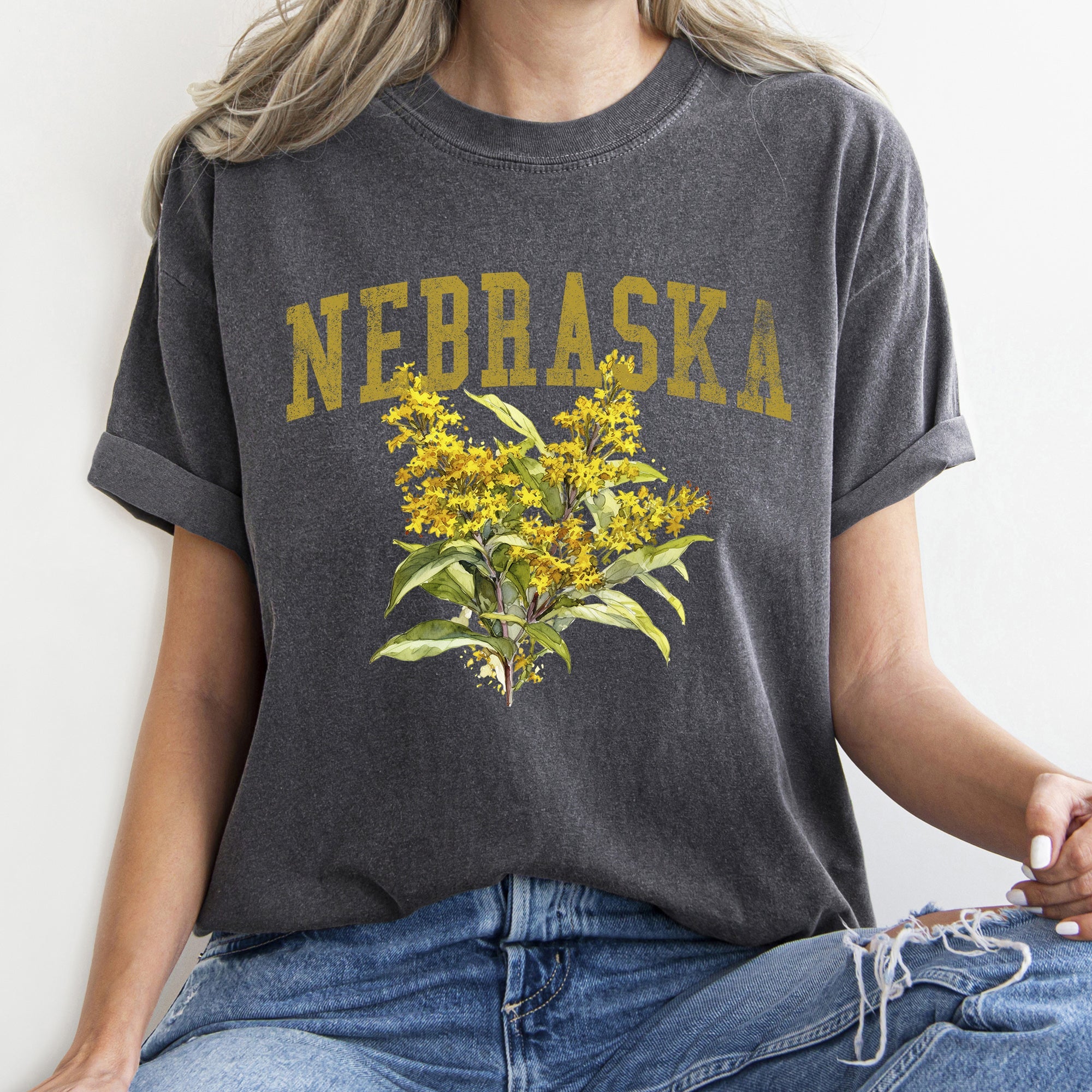 Nebraska State Flower Goldenrod Botanical Illustration Vintage Inspired Comfort Colors Tee