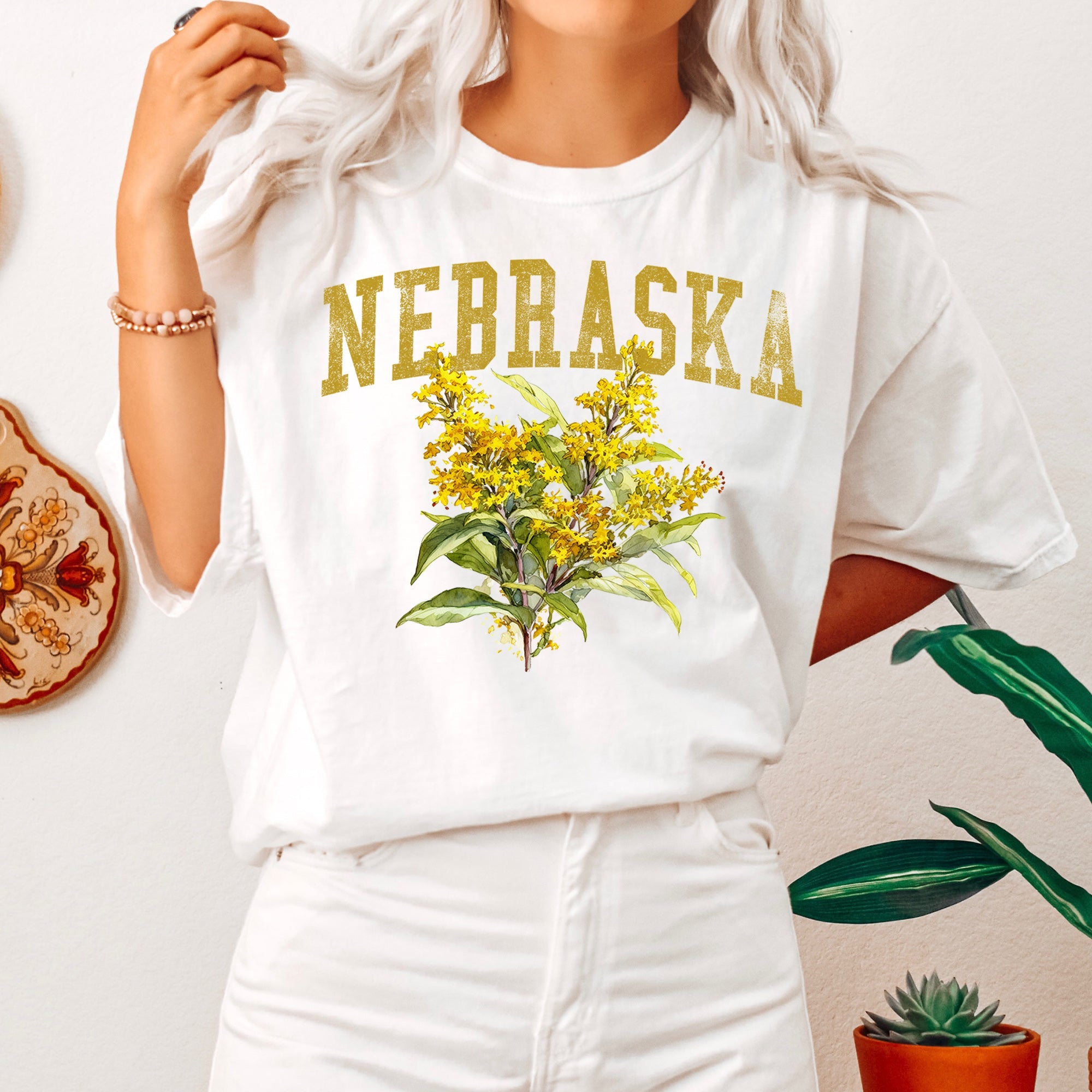 Nebraska State Flower Goldenrod Botanical Illustration Vintage Inspired Comfort Colors Tee