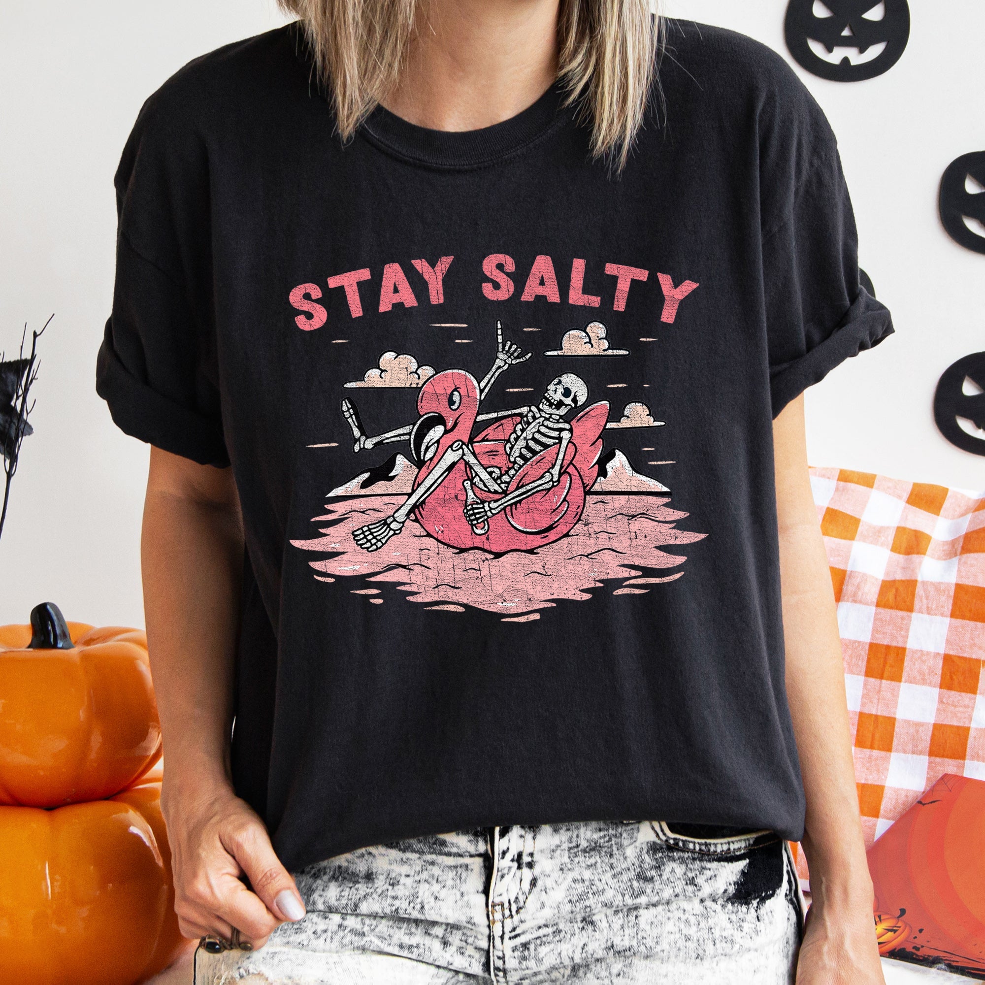 Stay Salty Skeleton Retro Halloween Gothic Illustration Vintage Edition Comfort Colors Tee