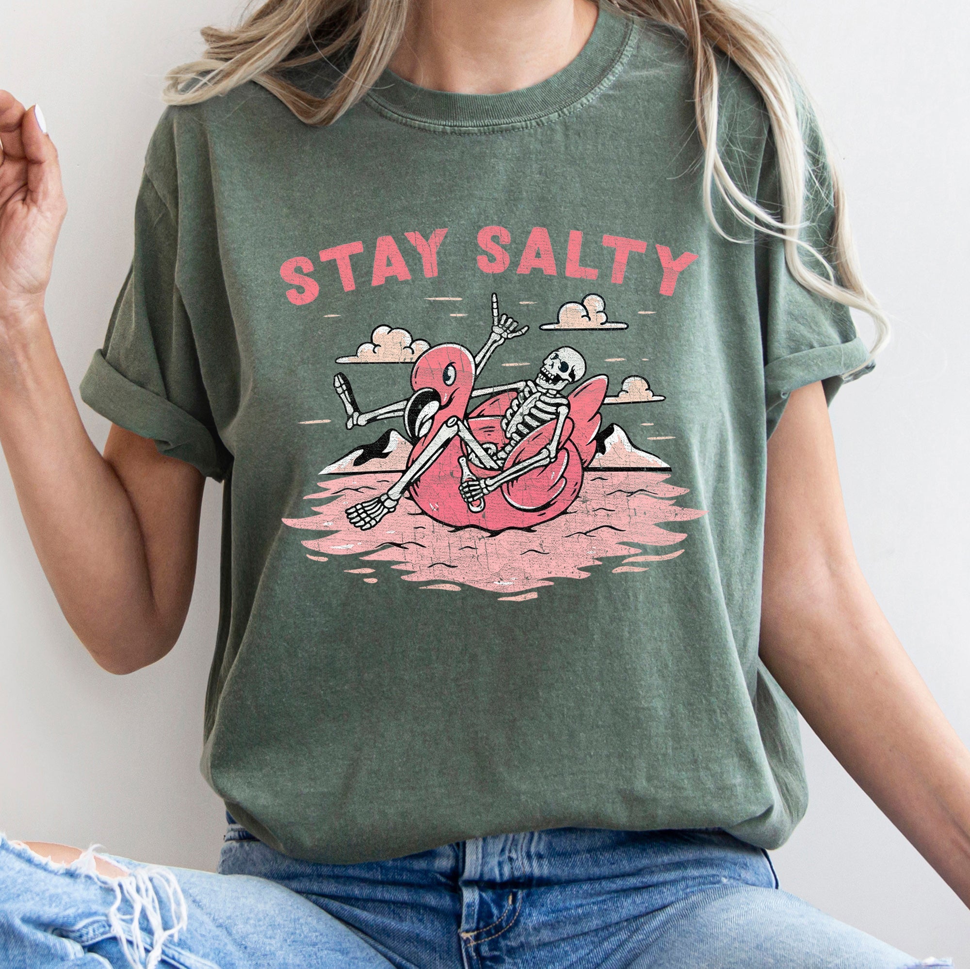 Stay Salty Skeleton Retro Halloween Gothic Illustration Vintage Edition Comfort Colors Tee
