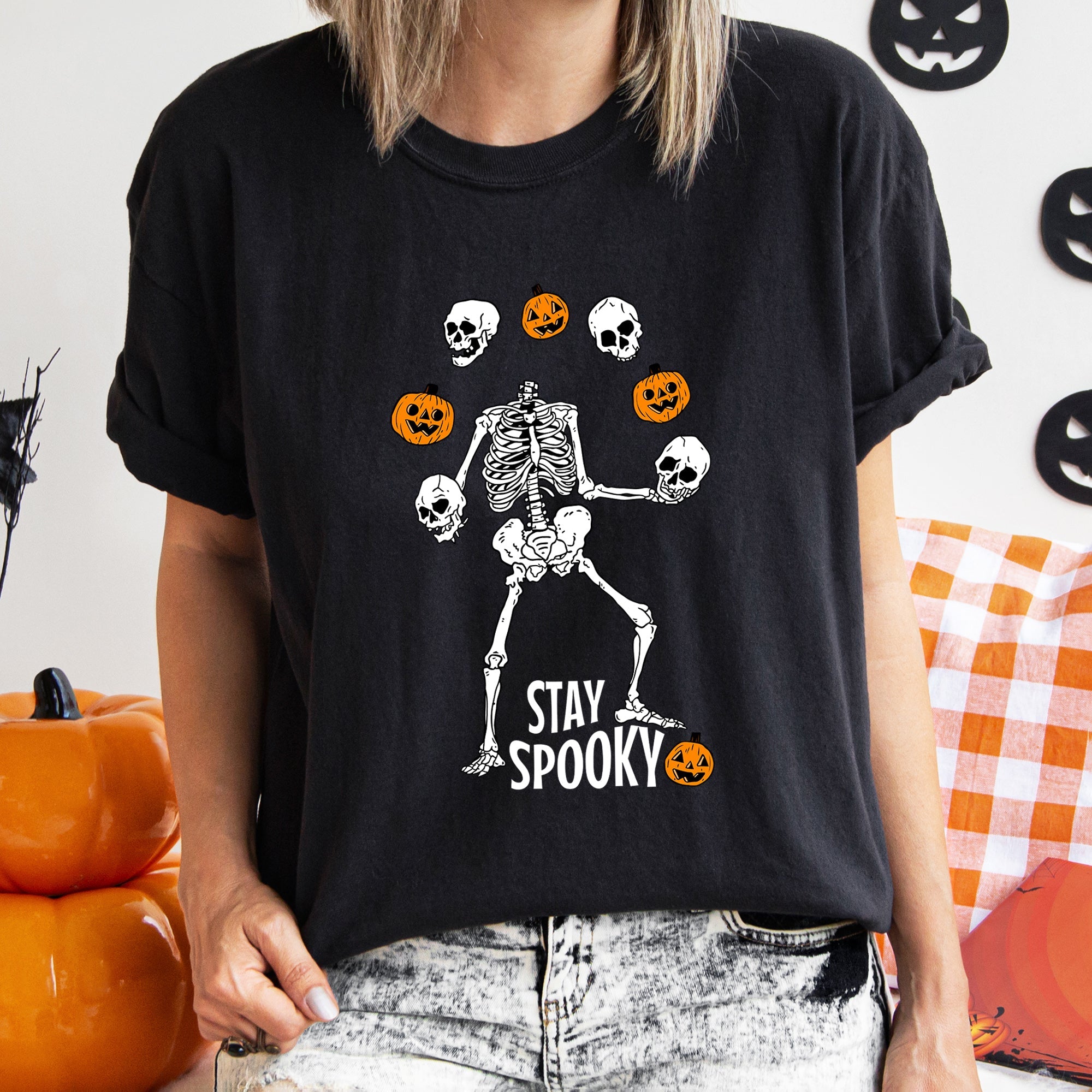 Stay Spooky Juggling Skeleton Retro Halloween Vintage Night Sky Illustration Comfort Colors Tee
