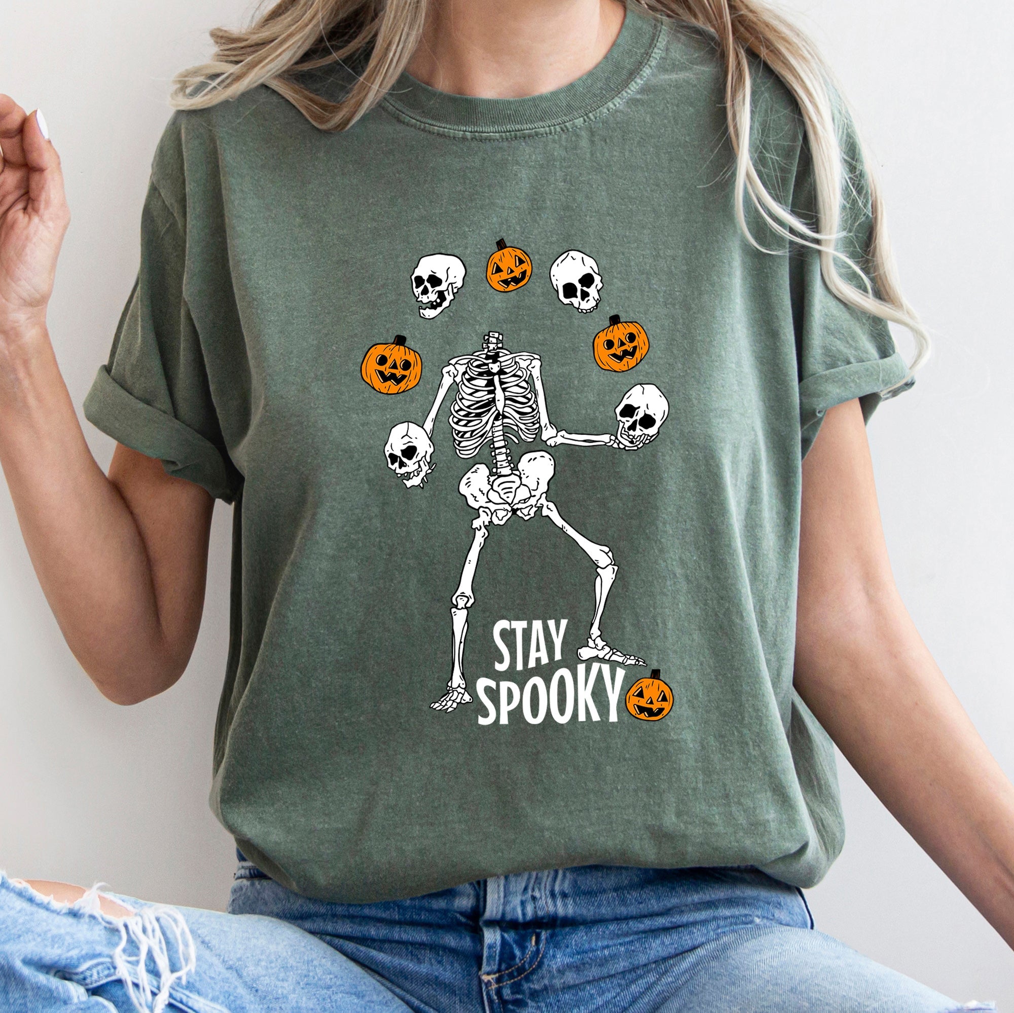 Stay Spooky Juggling Skeleton Retro Halloween Vintage Night Sky Illustration Comfort Colors Tee