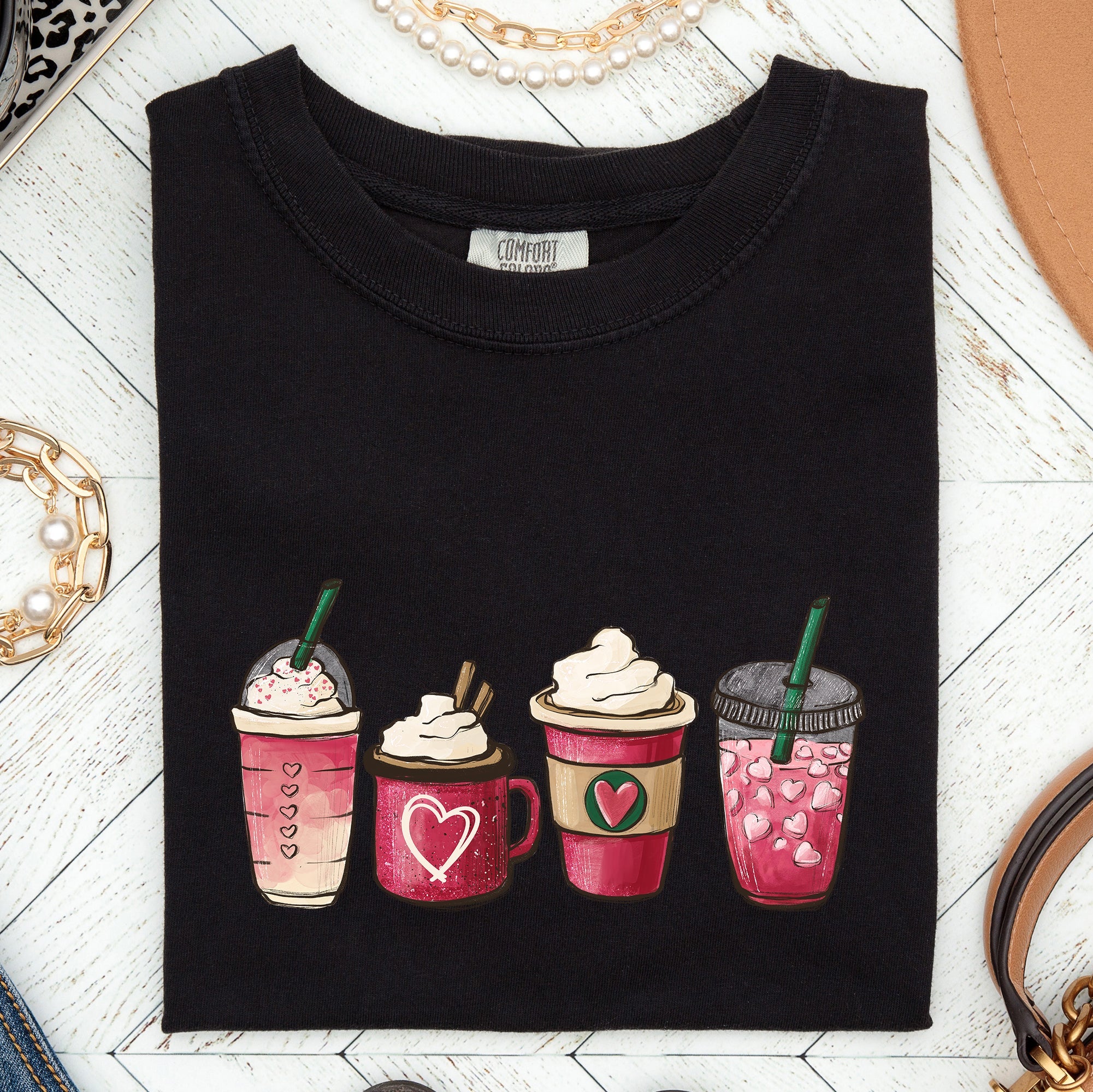 Valentine's Coffee and Drinks Cozy Vintage Coffee Lovers Theme Cafe Romance Latte Mug Artwork Comfort Colors Tee
