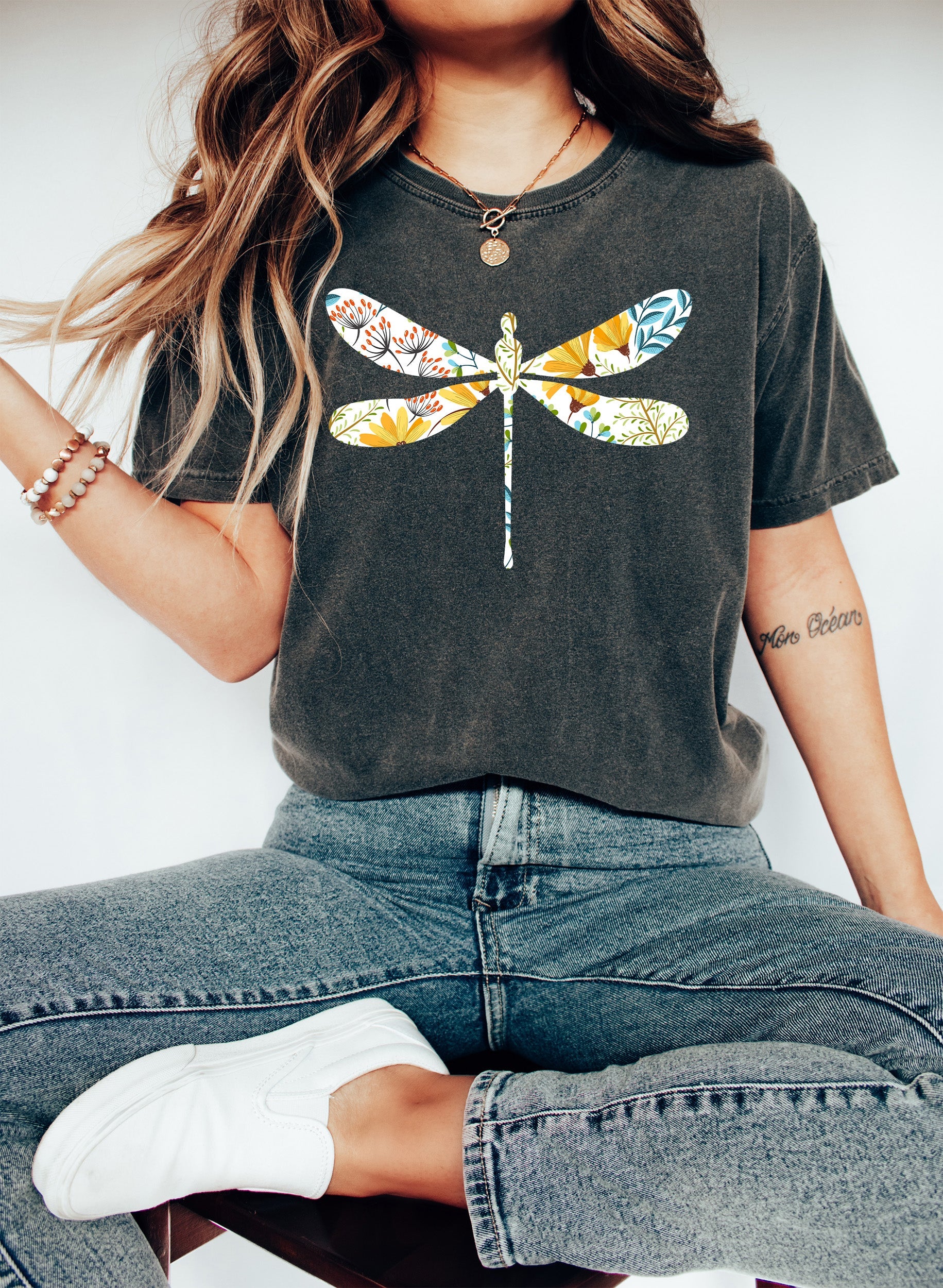 Floral White Dragonfly Botanical Nature Inspired Floral Artwork Comfort Colors Tee