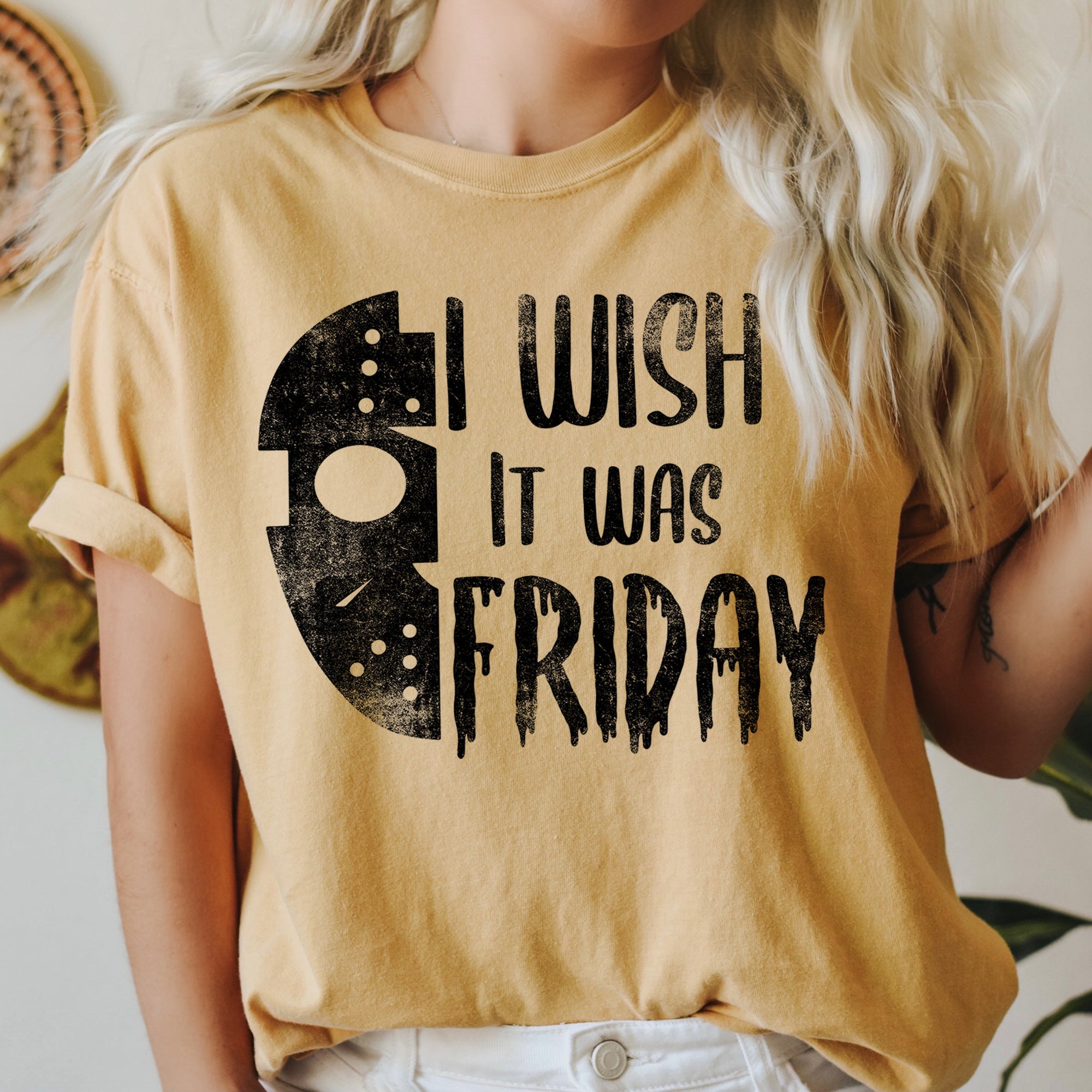 I Wish It Was Friday Retro Halloween Night Theme Vintage Style Artwork Comfort Colors Tee