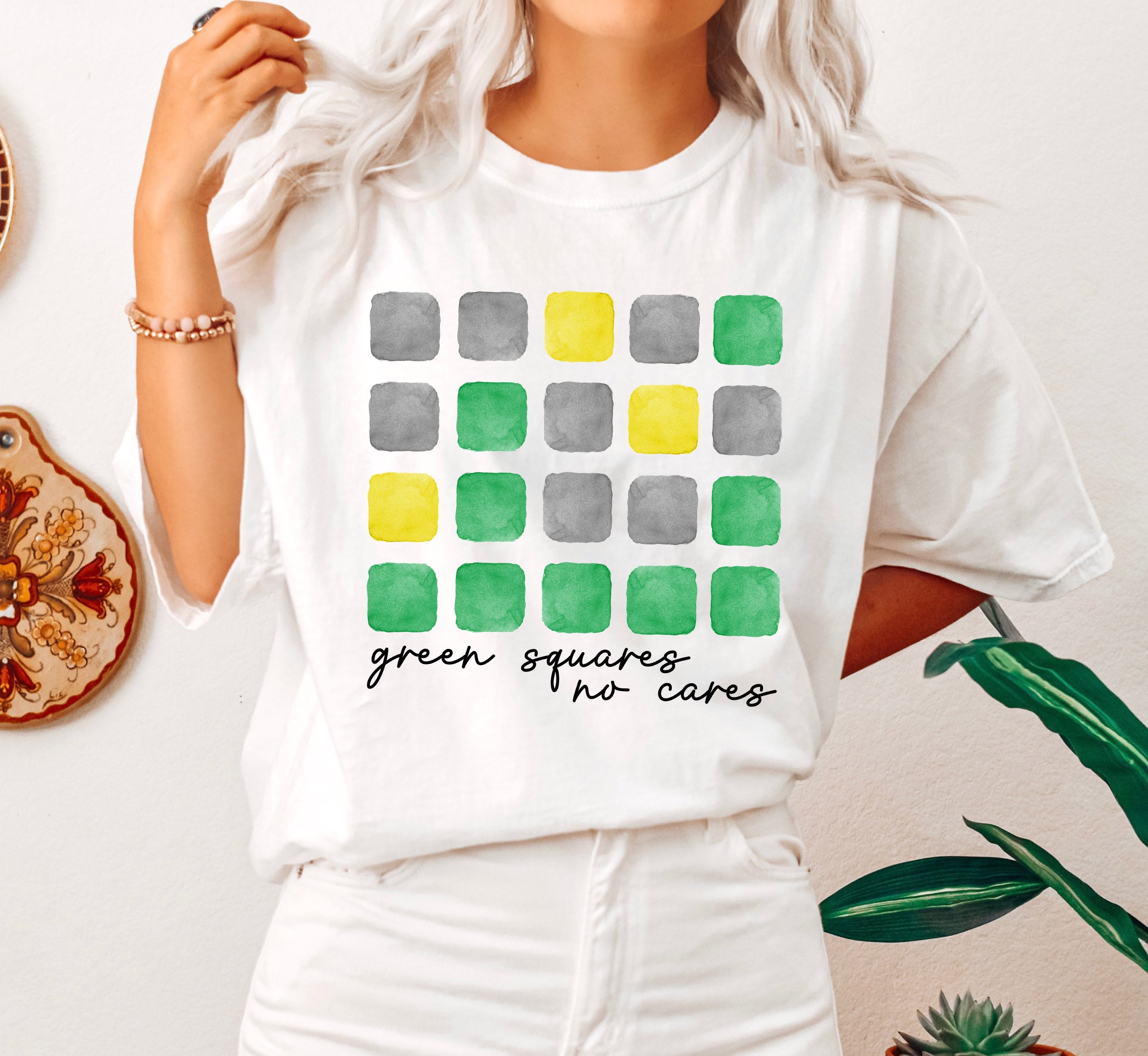 Green Squares No Cares Word Game Playful Typographic Puzzle Print Edition Comfort Colors Tee